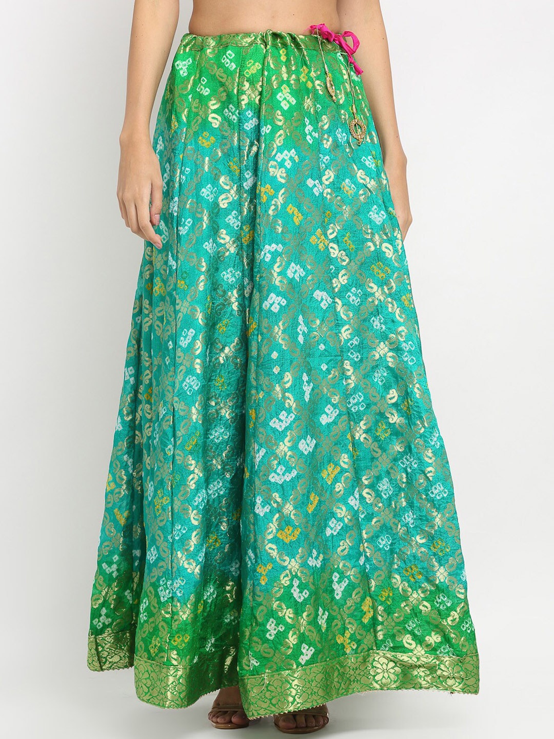 

SOUNDARYA Women Sea Green & Golden Zari Woven-Design Flared Maxi Skirt