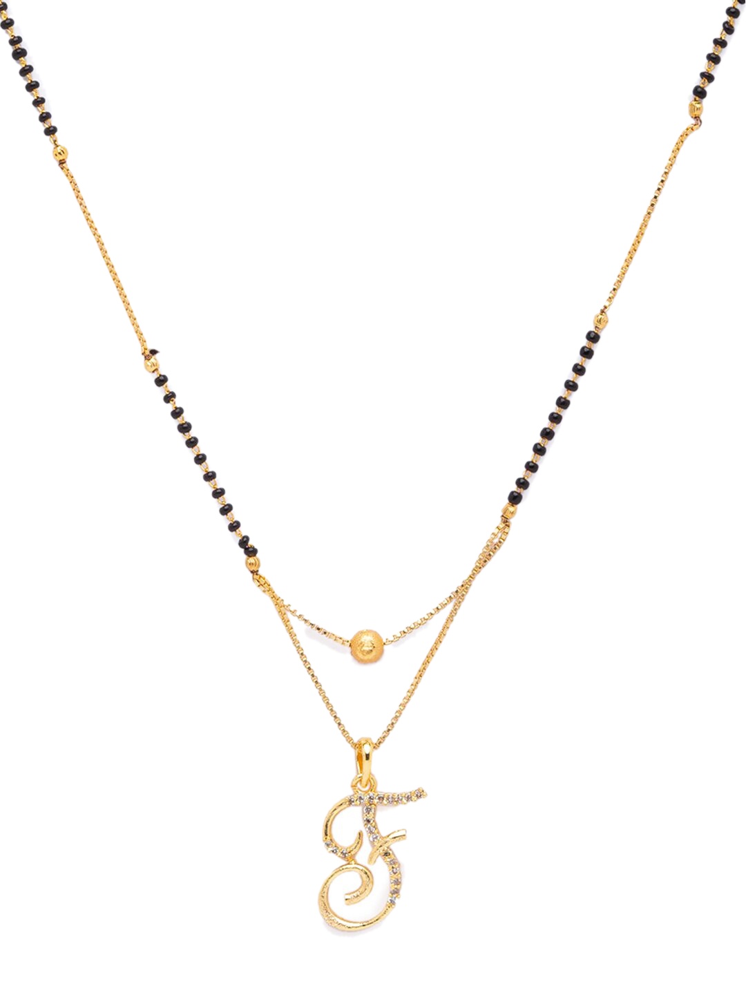 

Digital Dress Room Black Gold-Plated Stone-Studded & Beaded Alphabet F Letter Mangalsutra