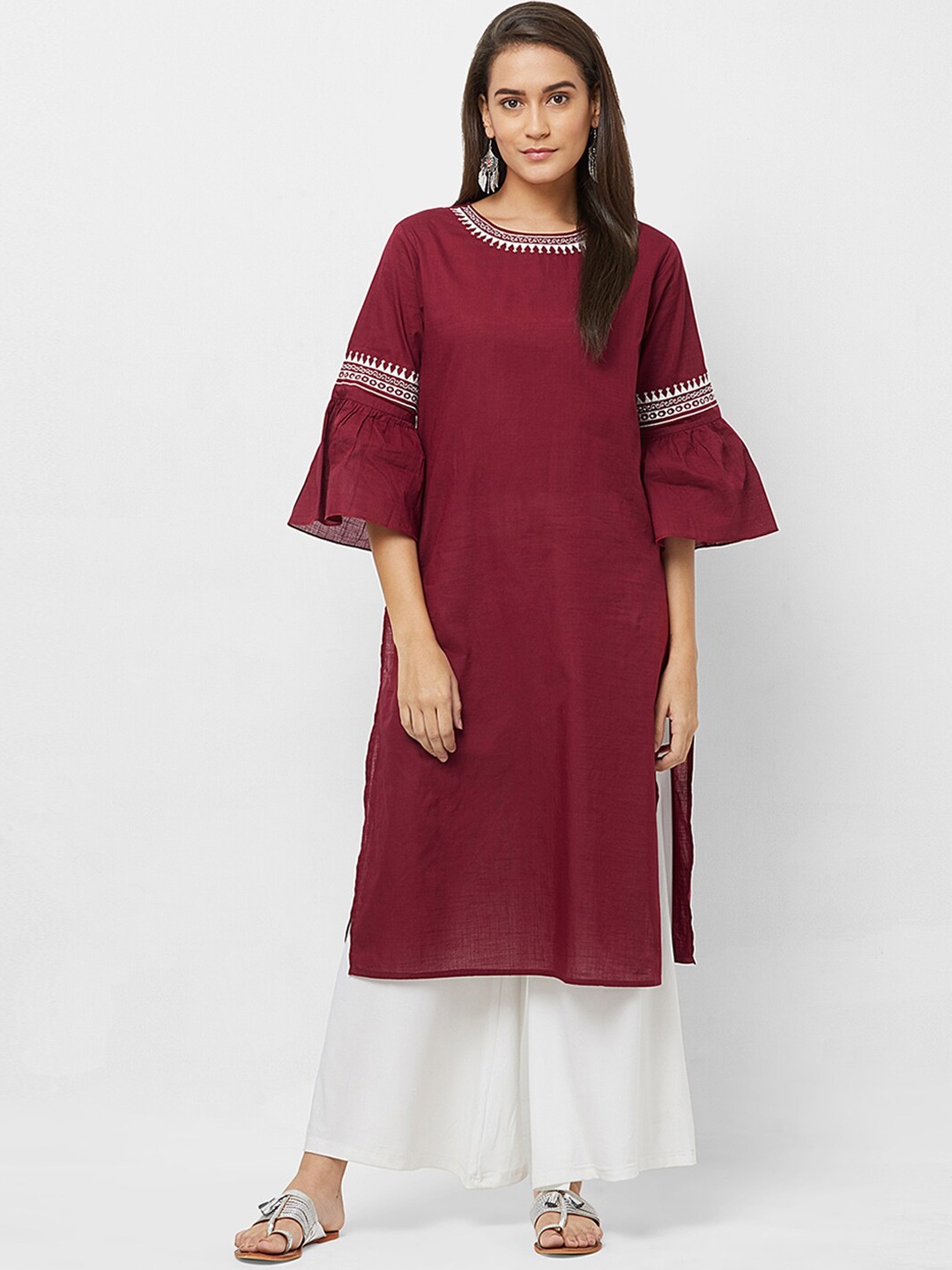 

Fusion Beats Women Maroon Ethnic Motifs Yoke Design Bell Sleeves Kurta