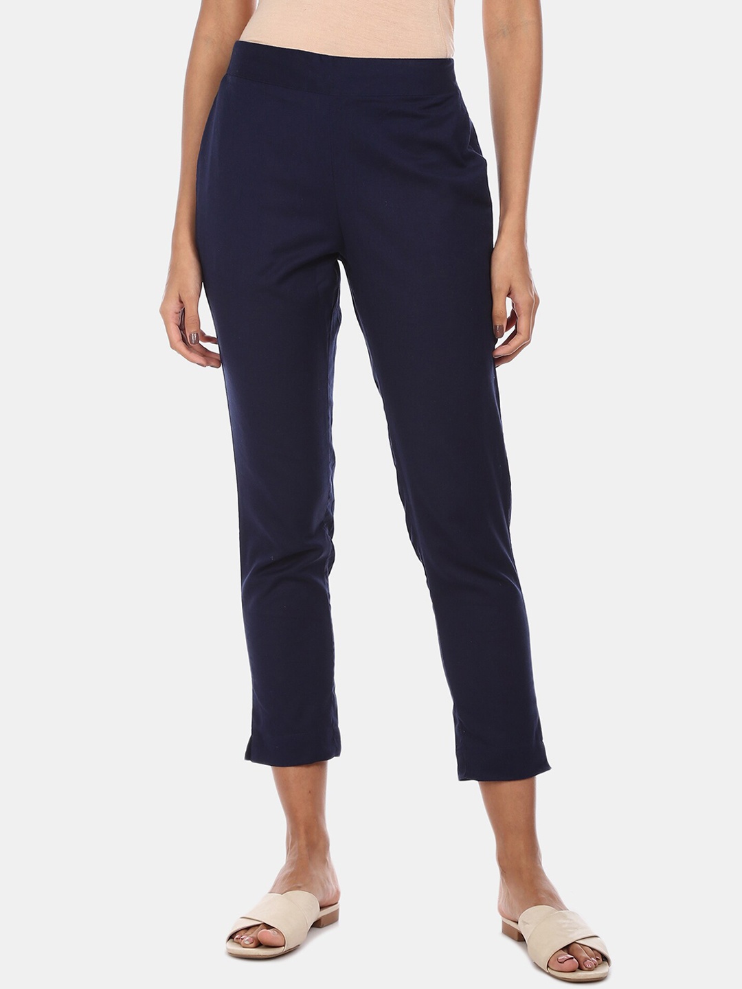 

Karigari Women Navy Blue Solid Regular Fit Cotton Cigarette Trousers