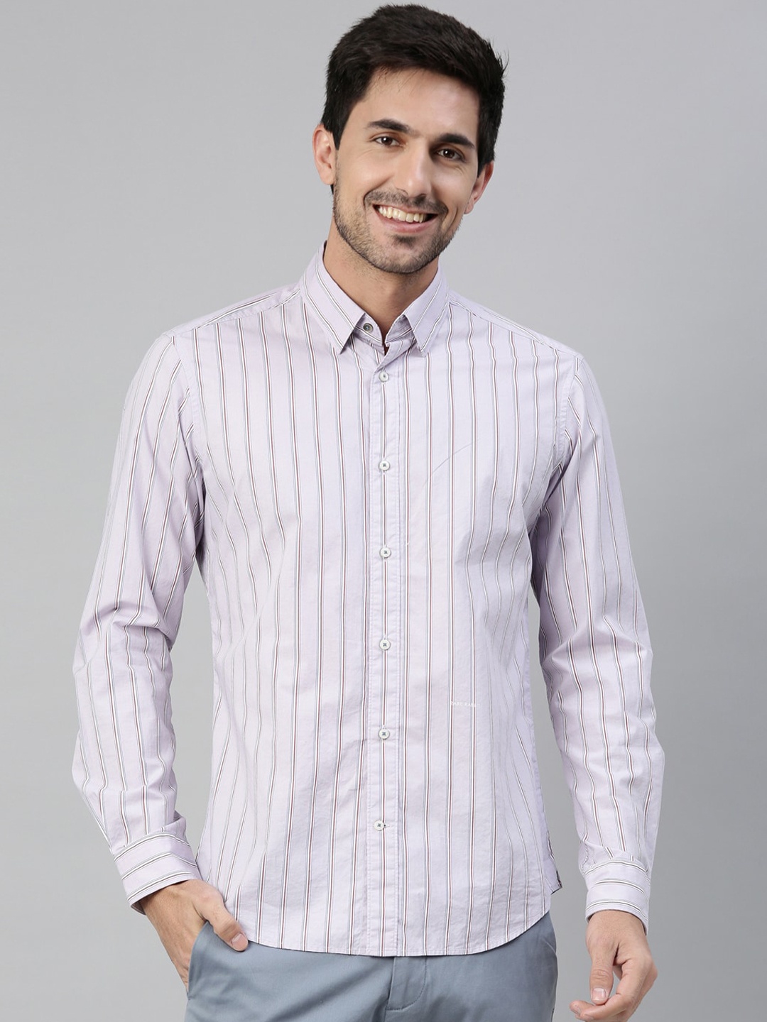 RARE RABBIT Men Pollux Slim Fit Striped Shirt, Lavender