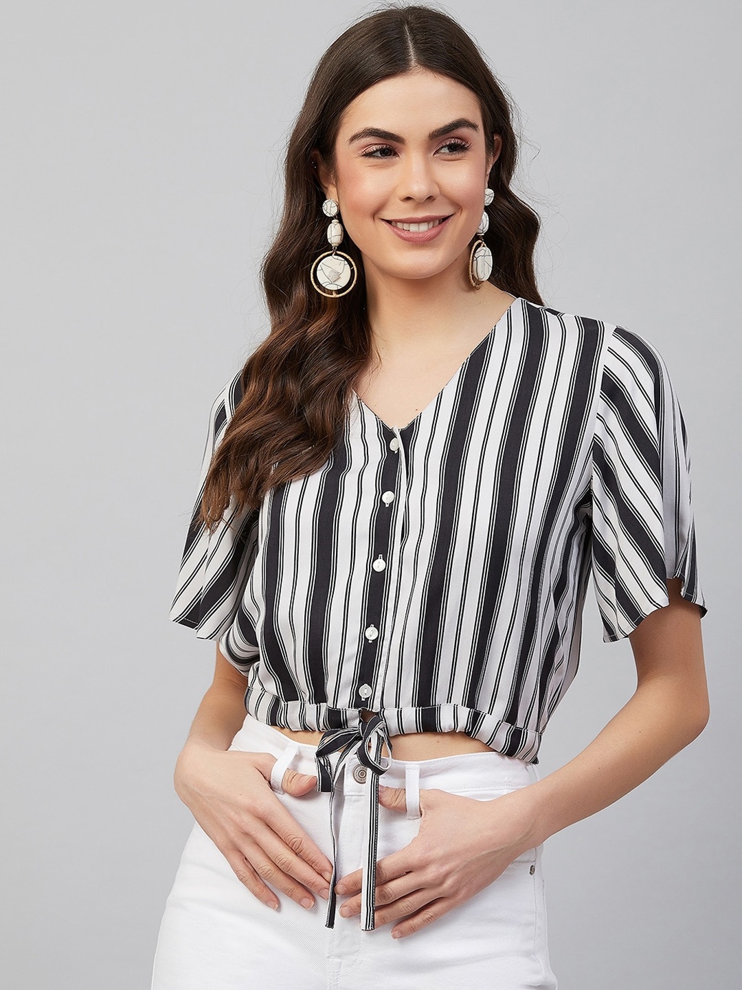 

Marie Claire Black & Off White Striped Shirt Style Crop Top