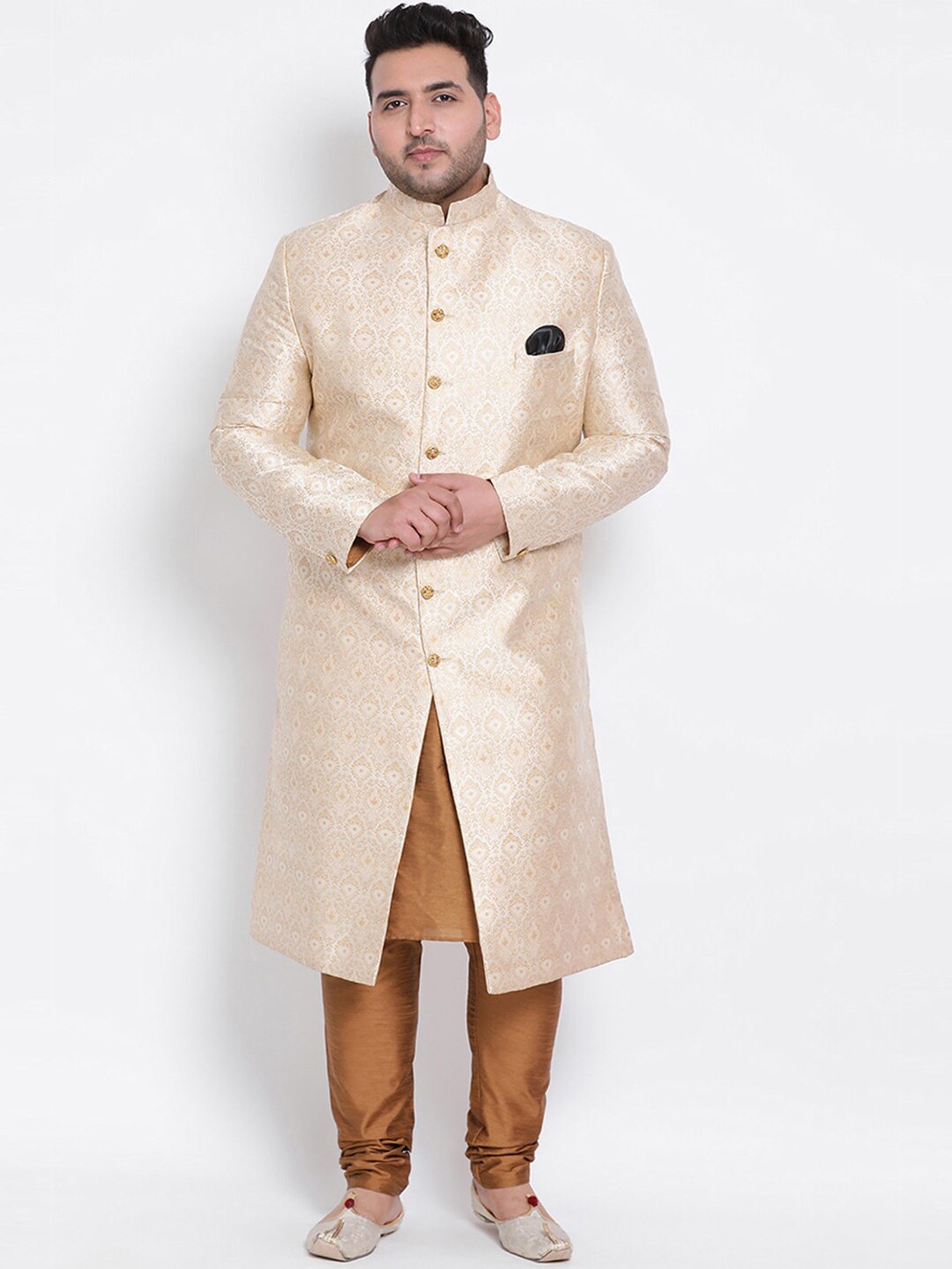 

Hangup Men Plus Size Beige & White Printed Sherwani