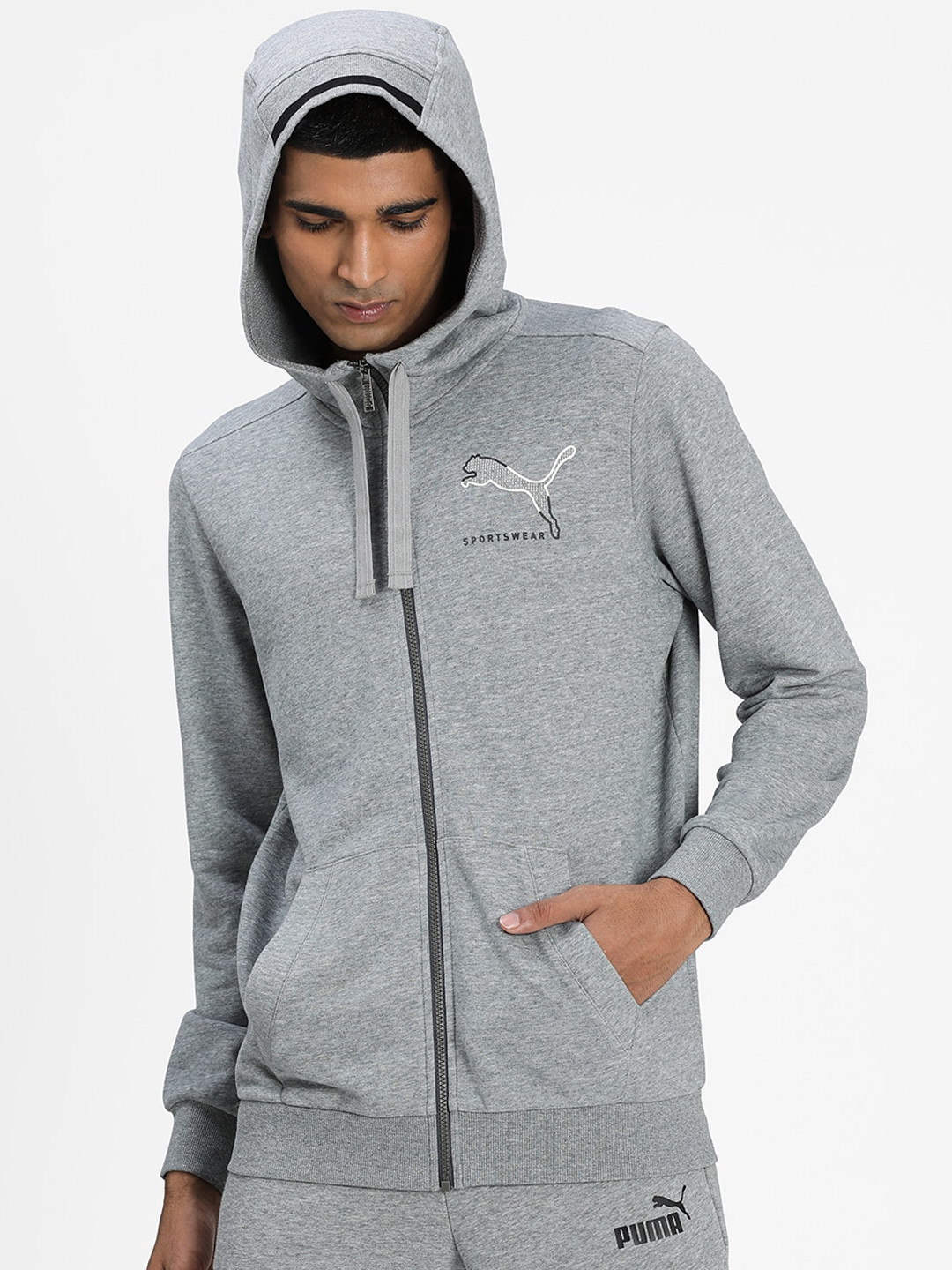 

Puma Men Grey Melange Solid Athletics Full-Zip Hooded Sweatshirt