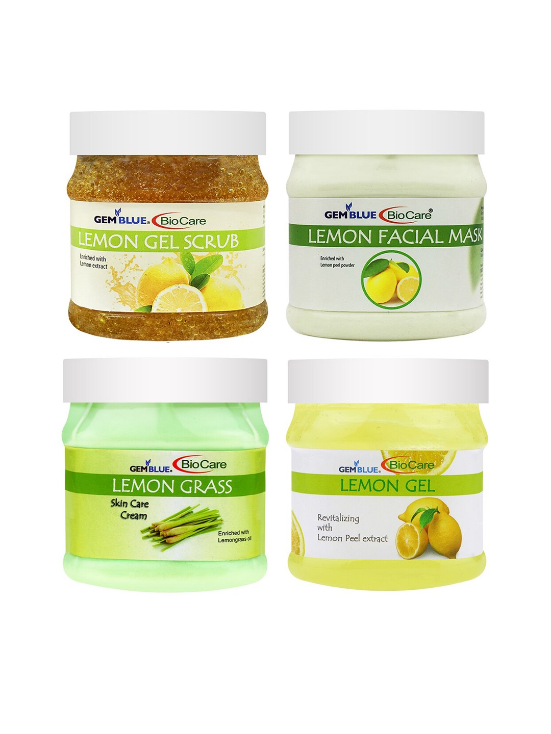 

GEMBLUE BioCare Pack of 4 Lemon Gel Scrub - Facial Mask - Cream & Gel - 500 ml each, Green