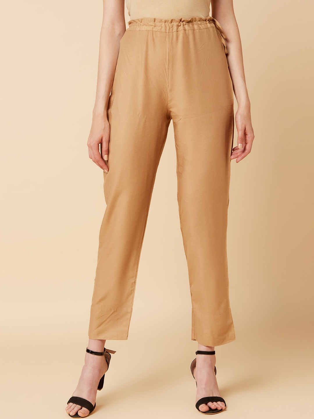 Varanga Women Beige Solid Regular Fit Regular Trousers