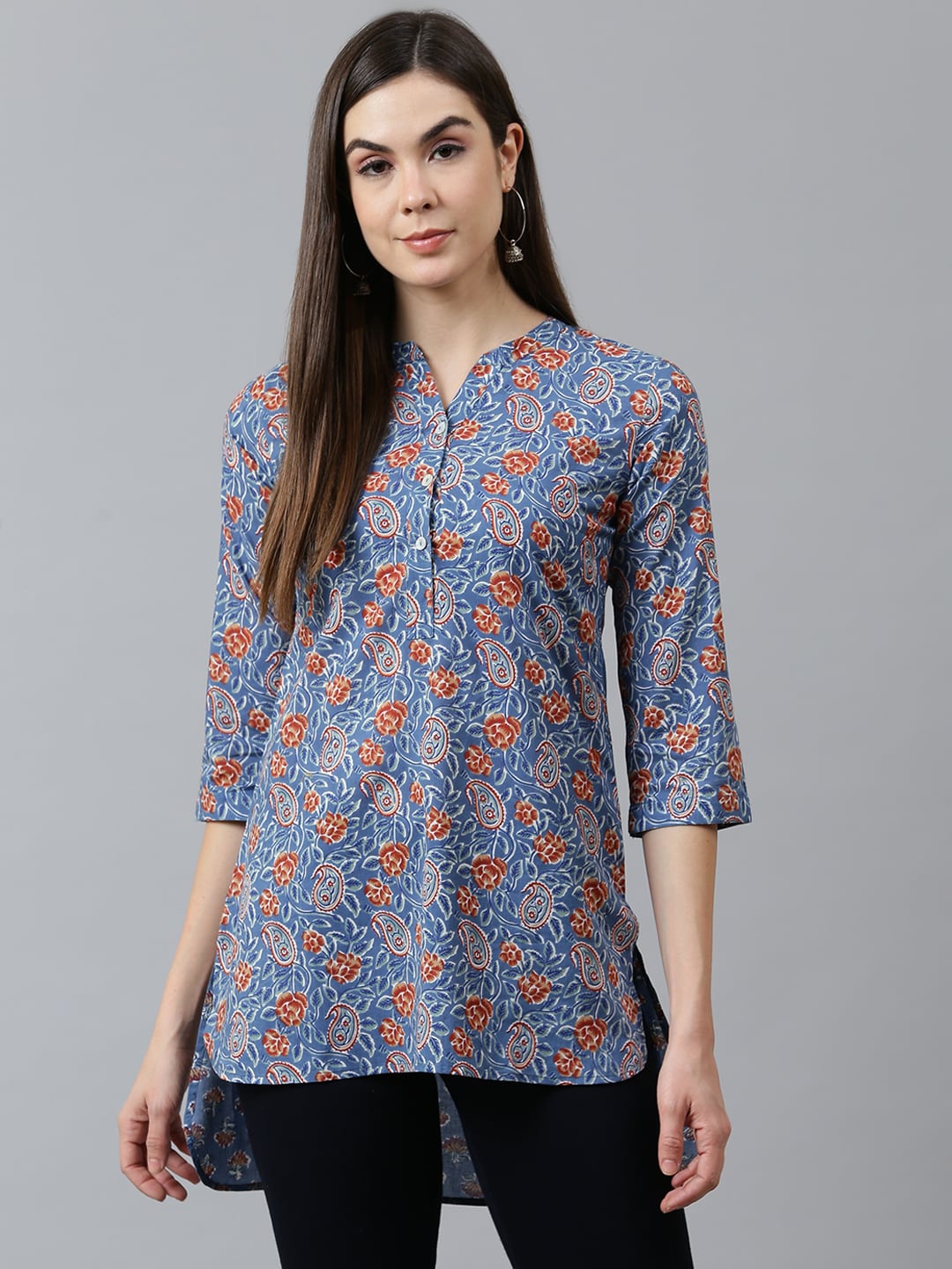

QOMN Blue Printed Mandarin Collar Pure Cotton High-Low Top