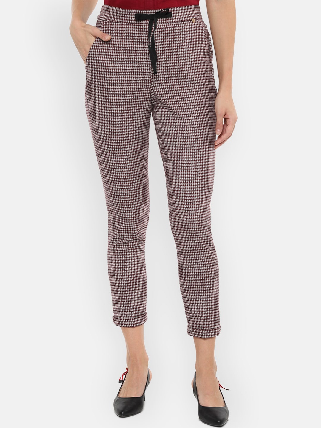

Van Heusen Woman Women Maroon & White Slim Fit Self Design Cigarette Trousers