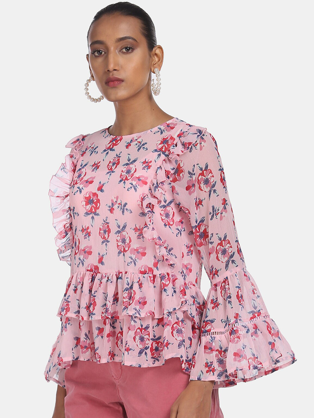 

Cherokee Pink & Blue Floral Printed Bell Sleeves Peplum Top & Camisole