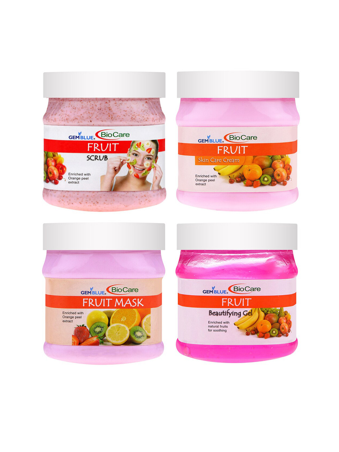 

GEMBLUE BioCare Pack of 4 Fruit Scrub - Mask - Cream & Gel - 500 ml each, Pink