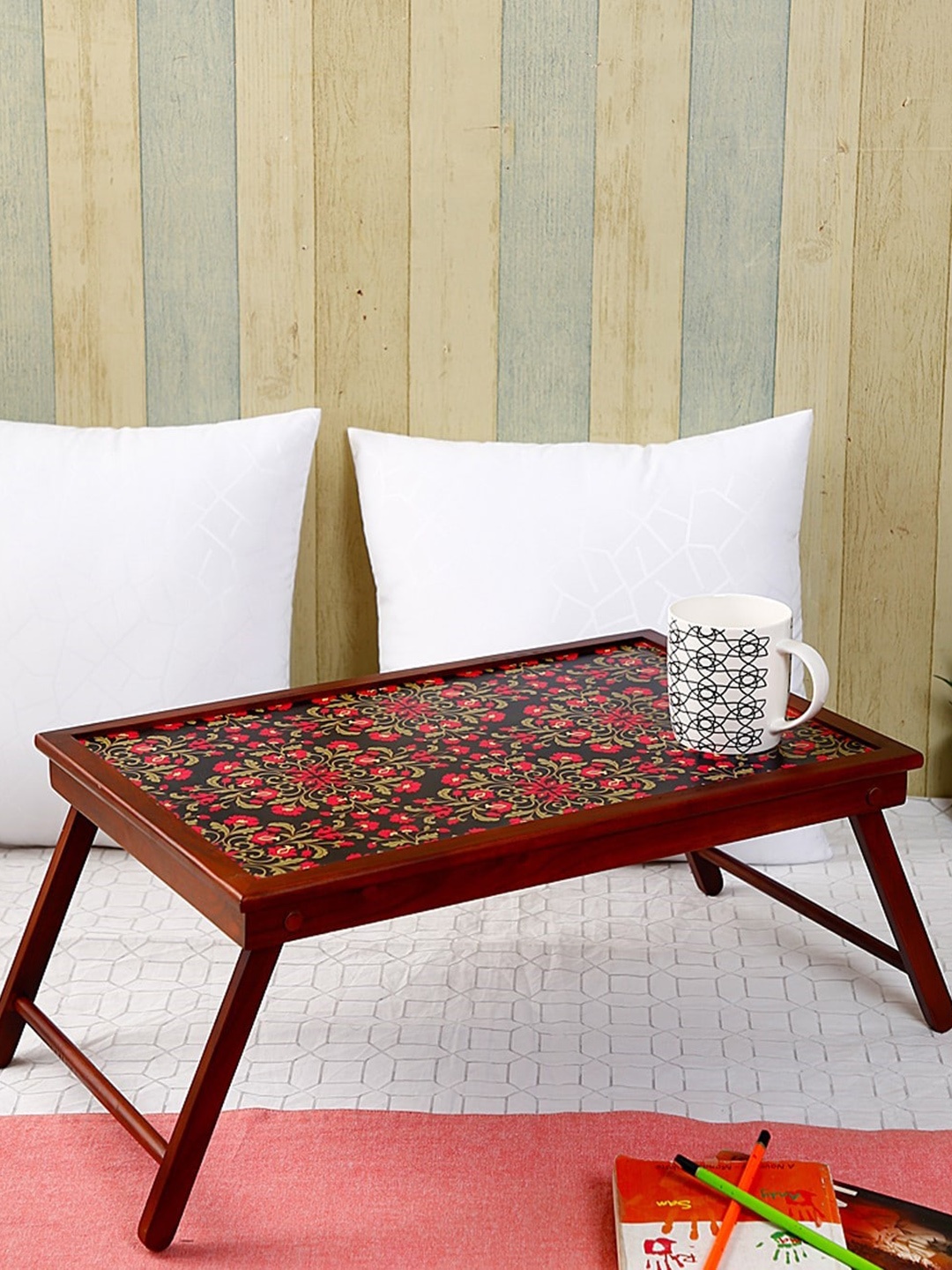 

Reinvention Factory Brown & Navy Blue Printed Teak Wood Bed Table