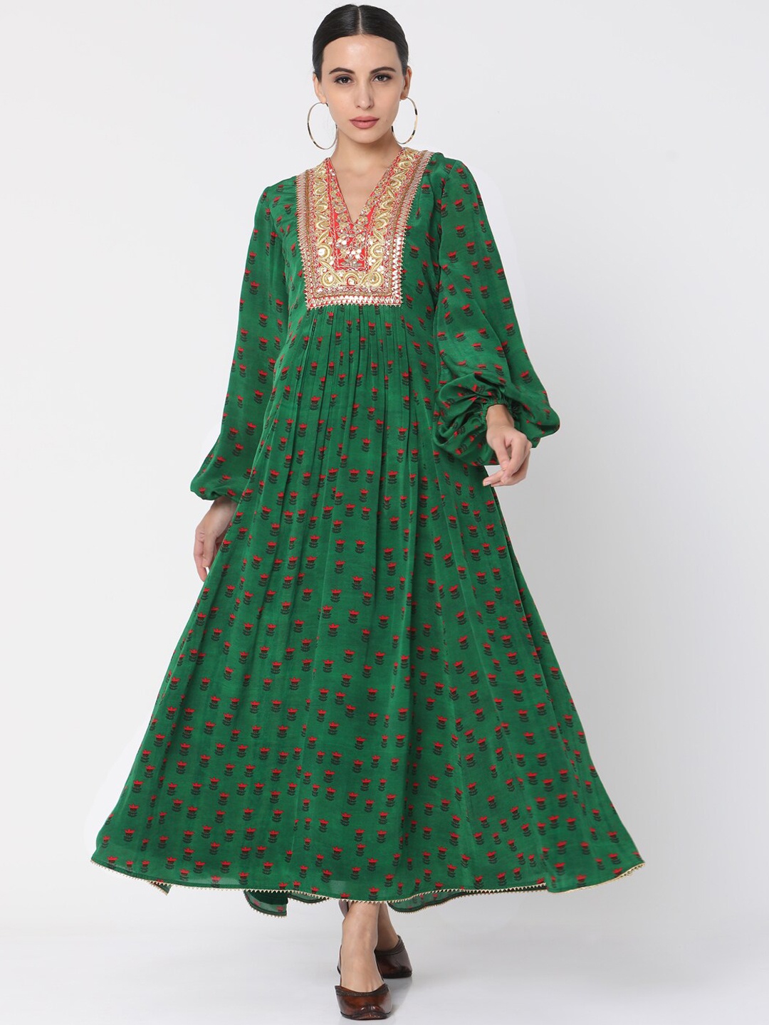 Masaba Women Green Ethnic Motifs Printed Flared Sleeves Sequins Crepe Anarkali Kurta