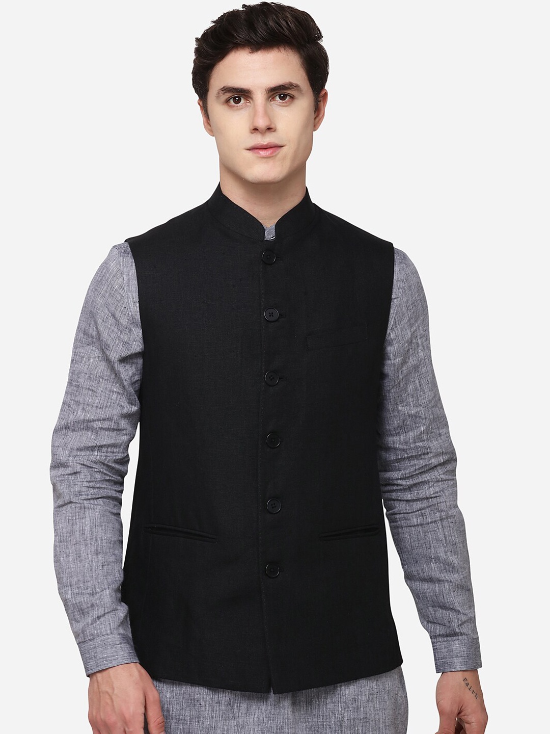

MODI JACKET Men Black Solid Nehru Jacket