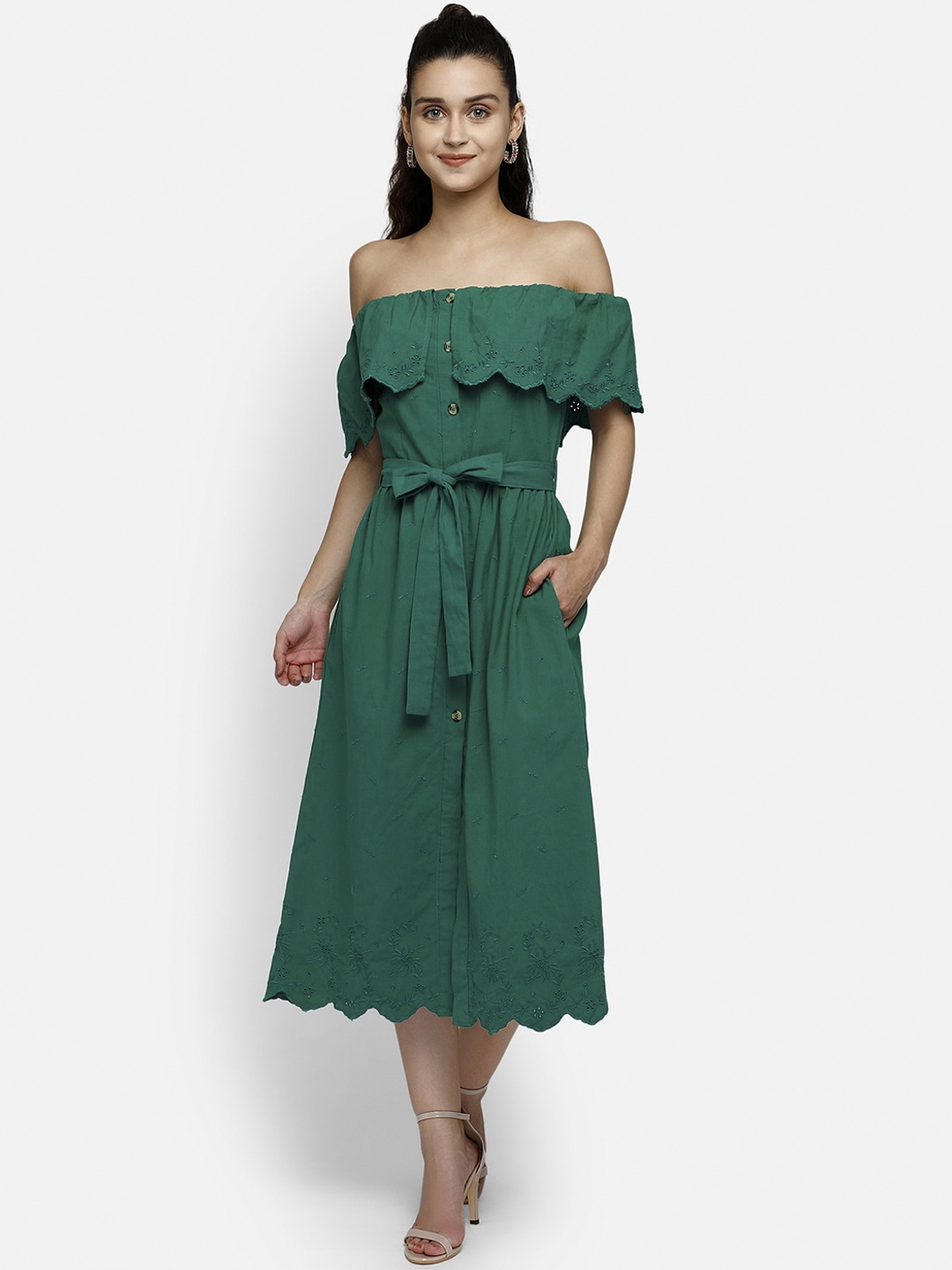 

Aditi Wasan Green Floral Embroidered Off-Shoulder A-Line Midi Dress