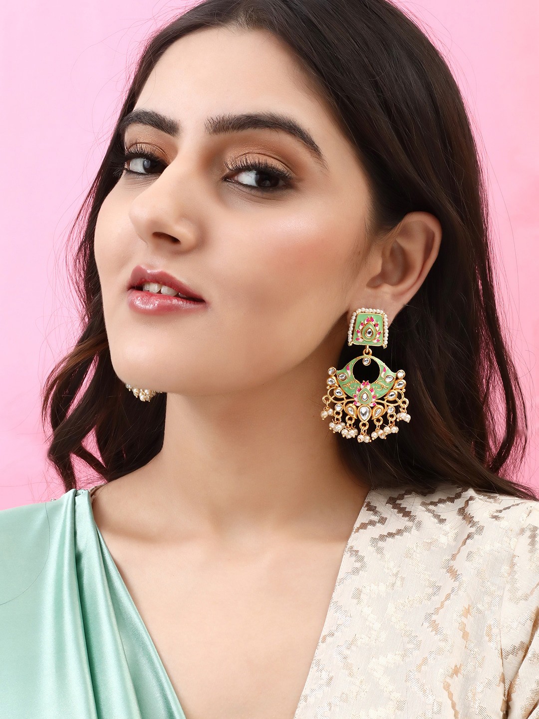 

Rubans Green & 24K Gold-Plated Handcrafted Enamel & Kundan with Pearls Chandbali Earrings