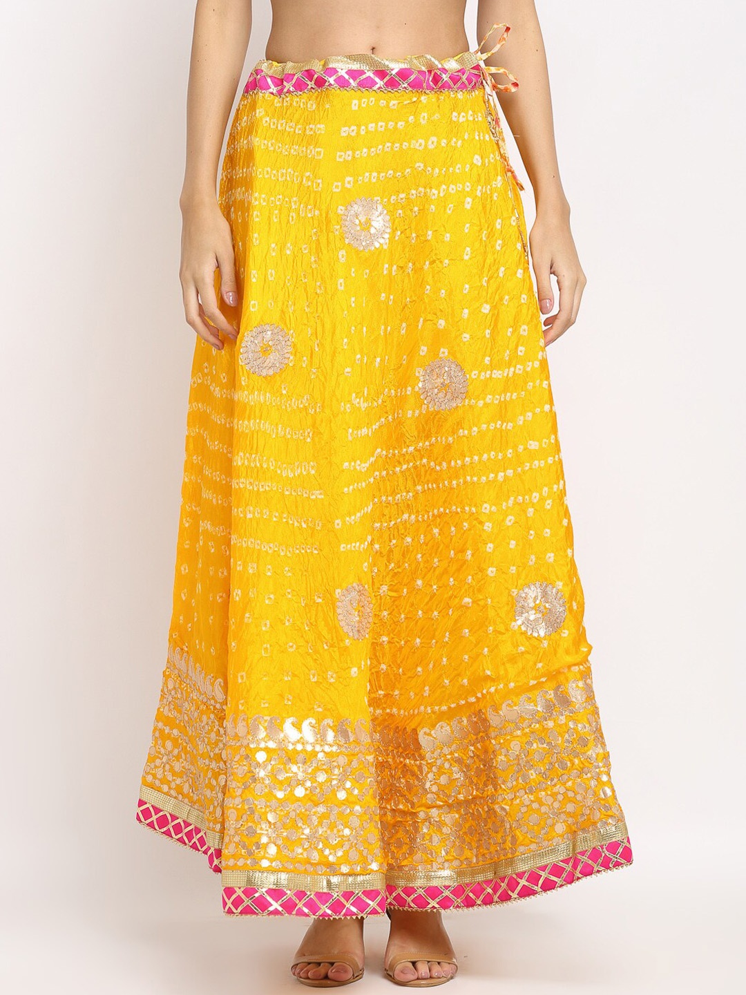 

SOUNDARYA Women Yellow & White Bandhej Printed Flared Maxi Skirt
