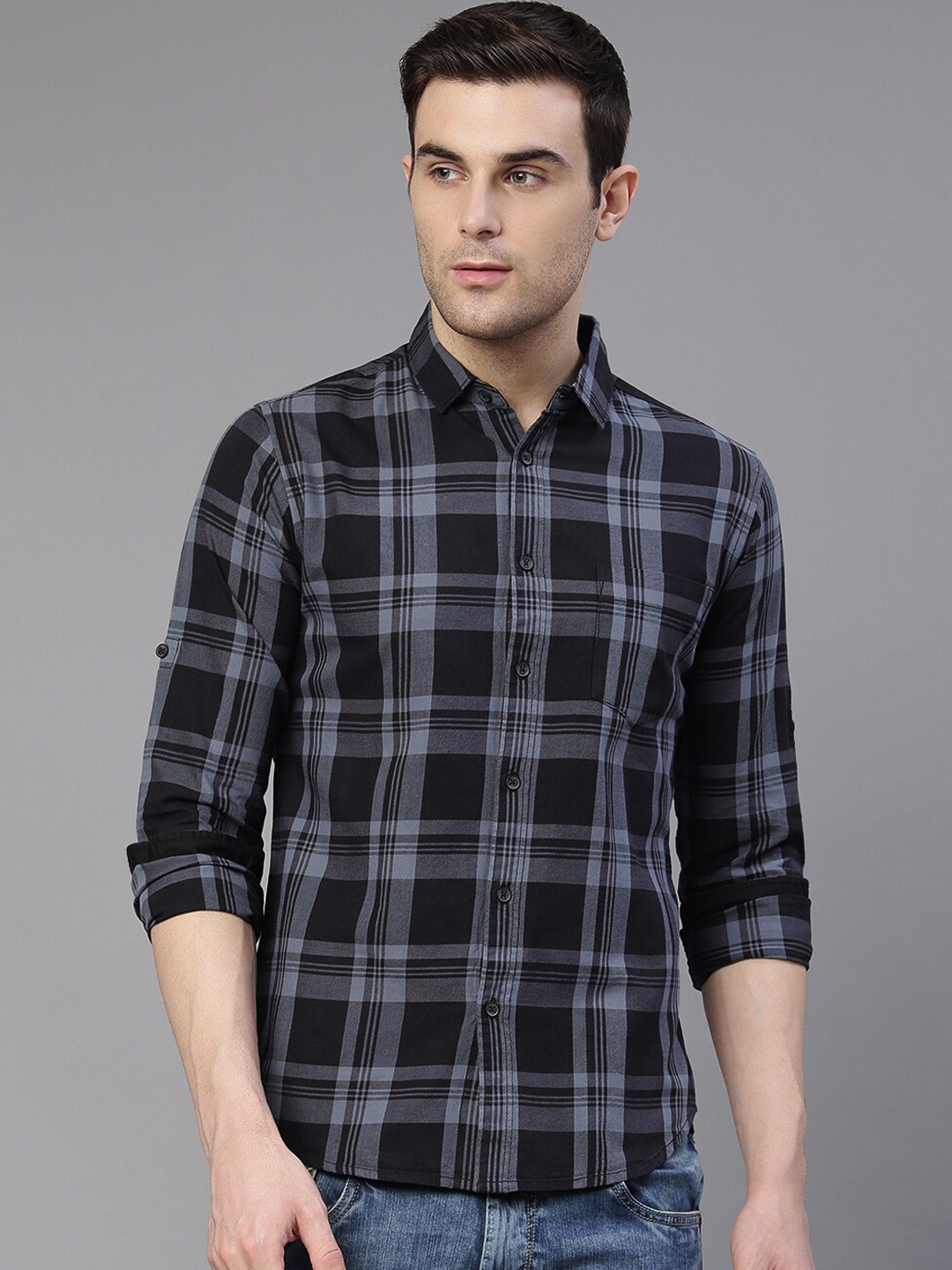 

Dennis Lingo Men Navy Blue Slim Fit Checked Casual Shirt