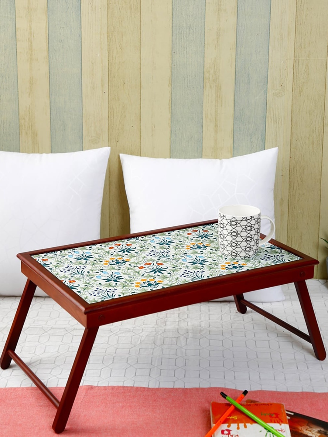 

Reinvention Factory Brown & White Printed Morris Teak Wood Bed Table/Tray