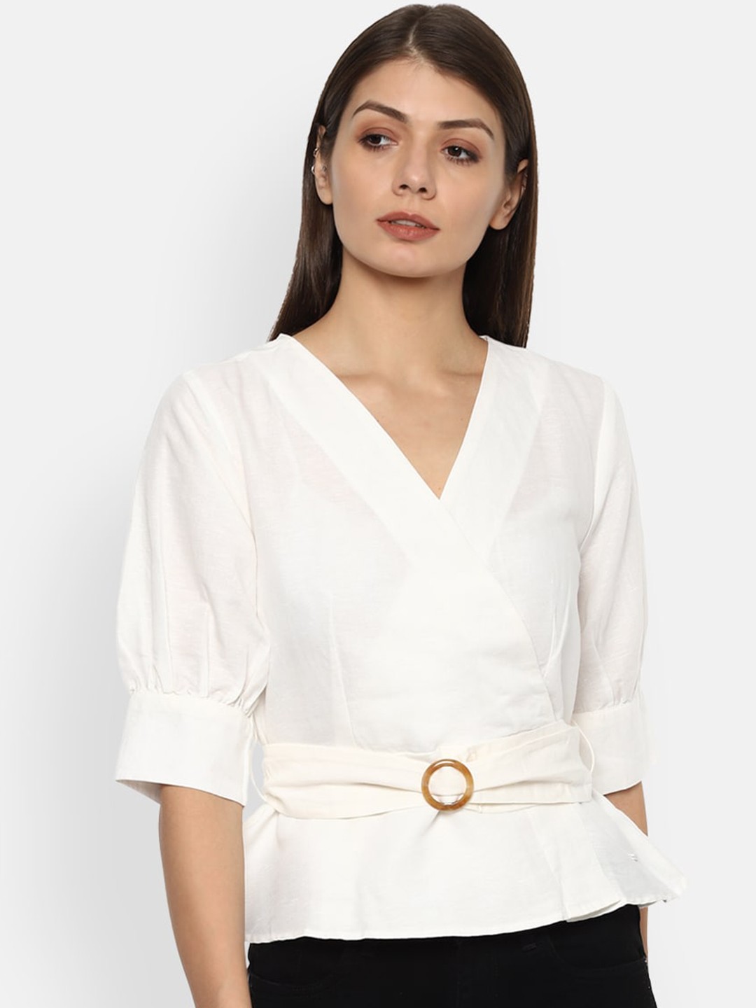 

Van Heusen Woman Cream-Coloured Solid Wrap Top