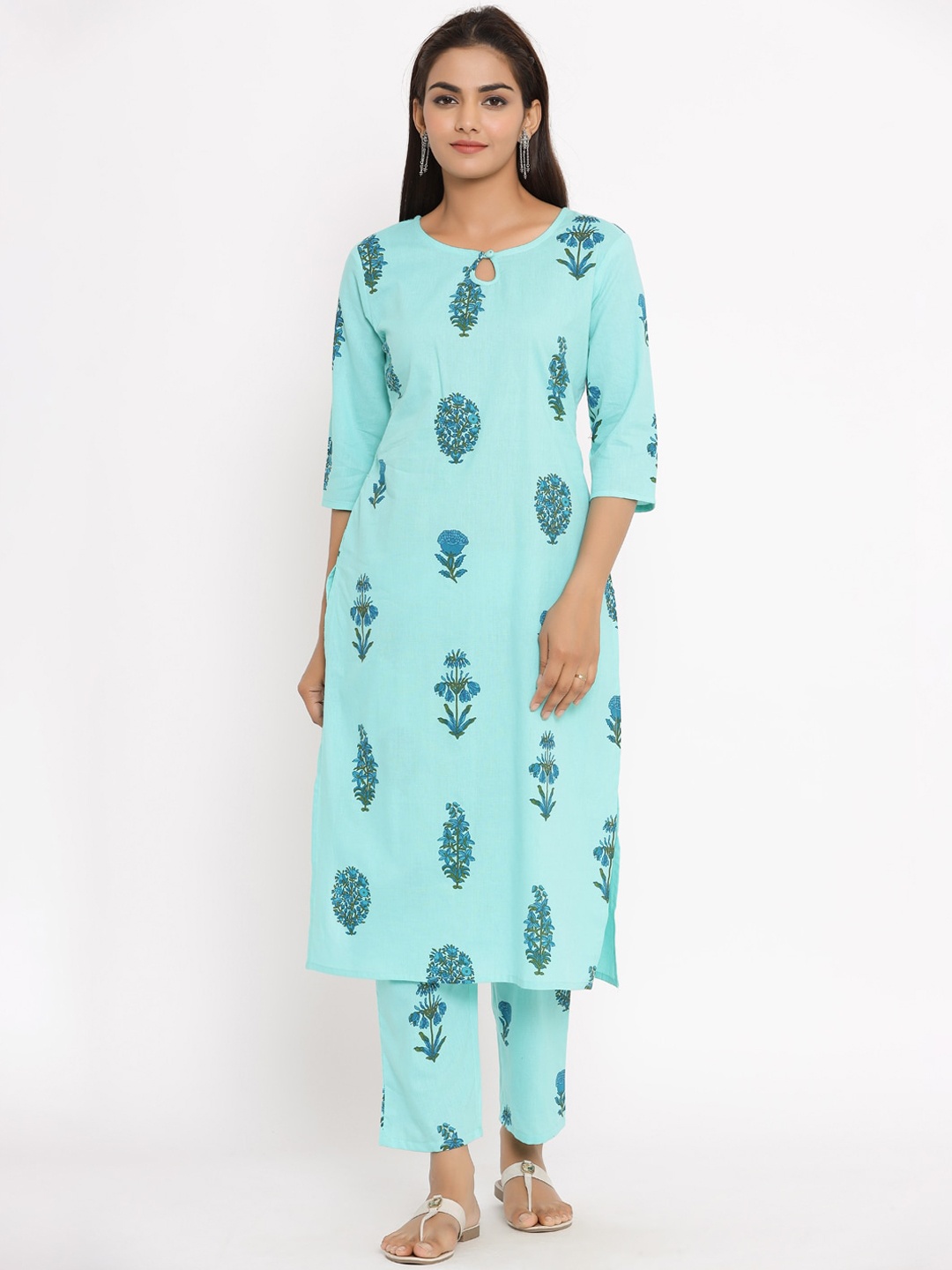 

Fabriko Women Turquoise Blue Printed Kurta with Trousers
