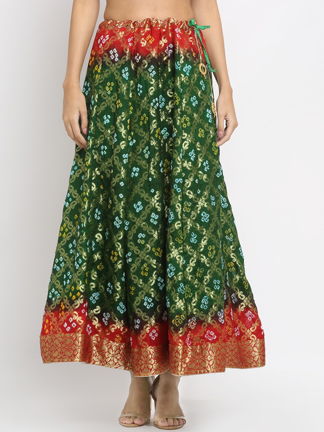 

SOUNDARYA Women Green & Golden Zari Woven-Design Flared Maxi Skirt