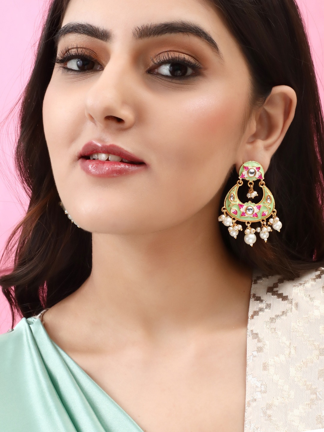 Rubans Green & 24K Gold Plated Handcrafted Crescent Shaped Earrings