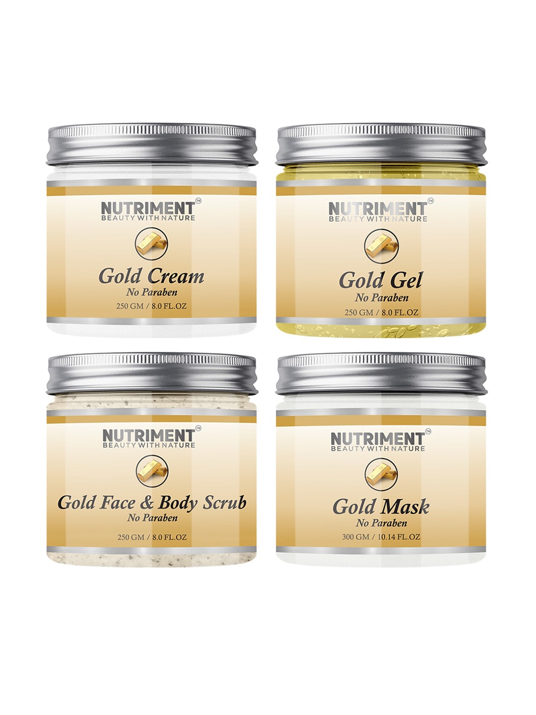 

Nutriment Gold Scrub, Gel, Cream 250gm & Mask 300gm (Combo of 4), Transparent