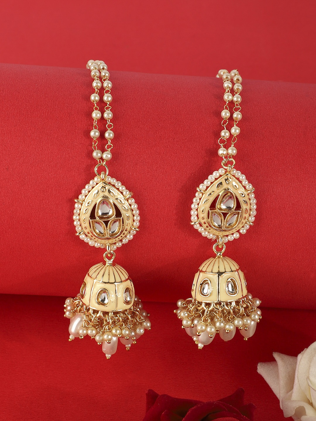 

ANIKAS CREATION Cream-Coloured & Gold Toned Kundan & Pearl Jadau Dome Shaped Jhumkas