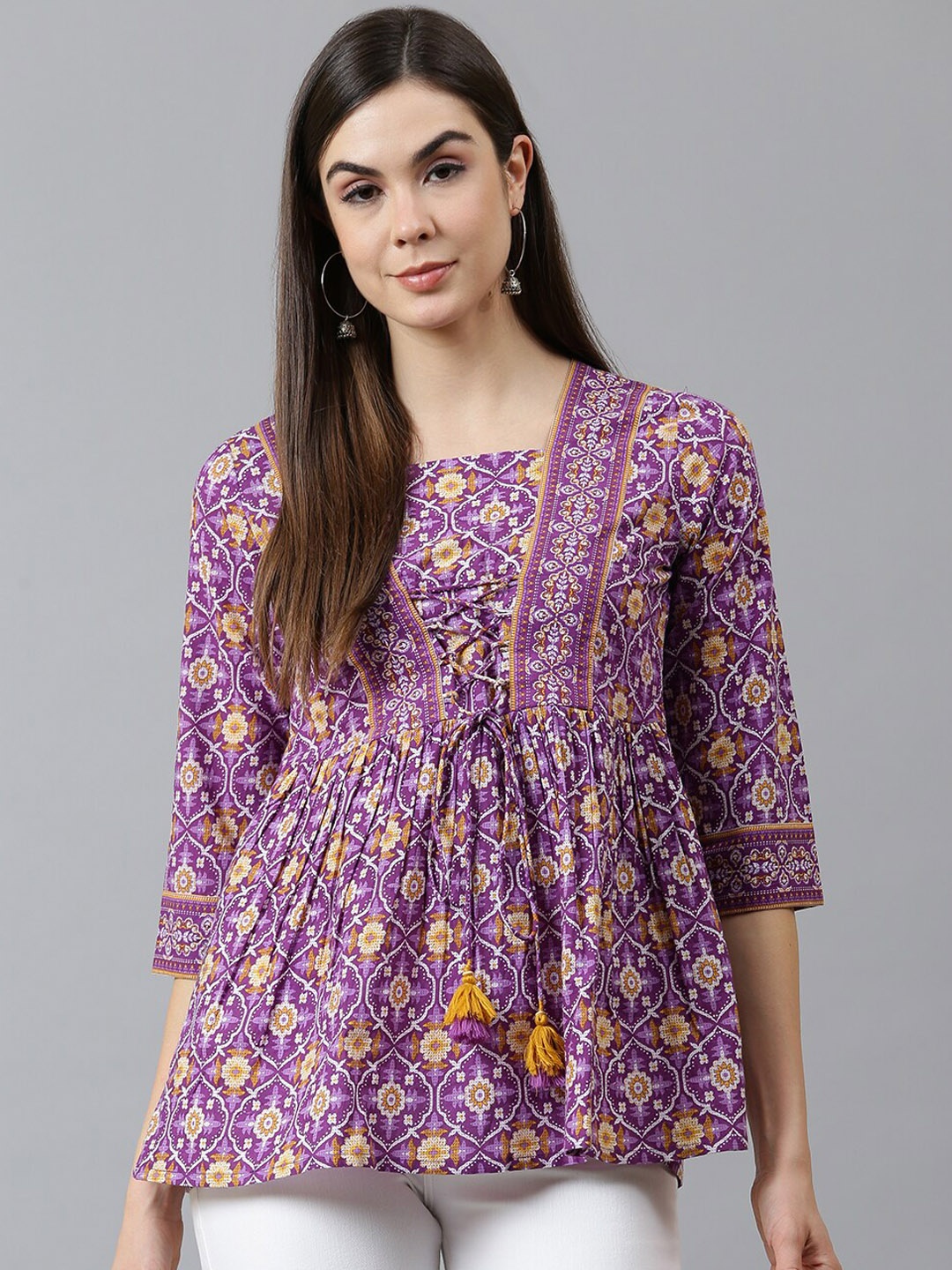 QOMN Purple Geometric Printed Pure Cotton Empire Top