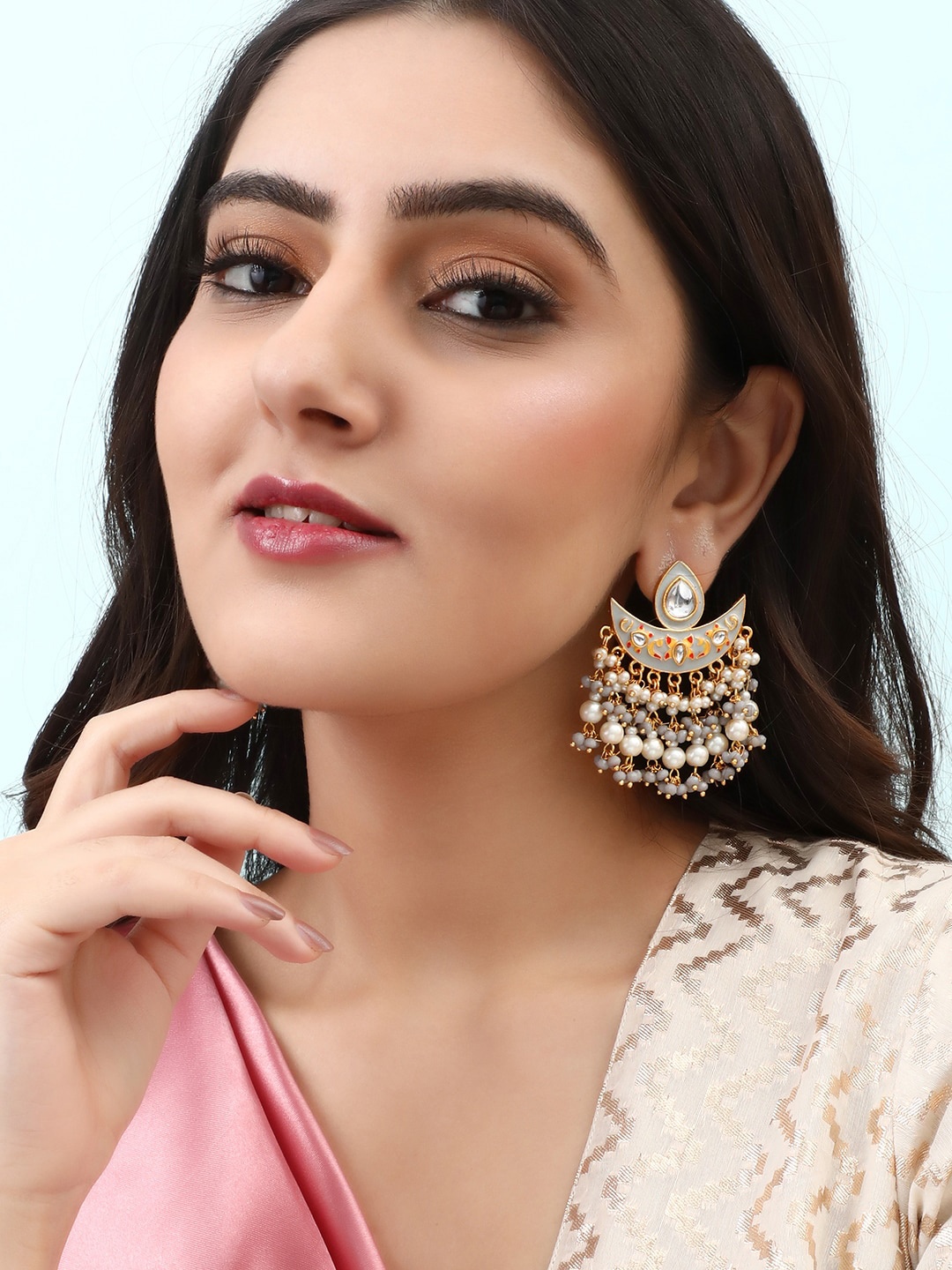 

Rubans 24K Gold-Plated Handcrafted Kundan & Enamelled Contemporary Chandbalis