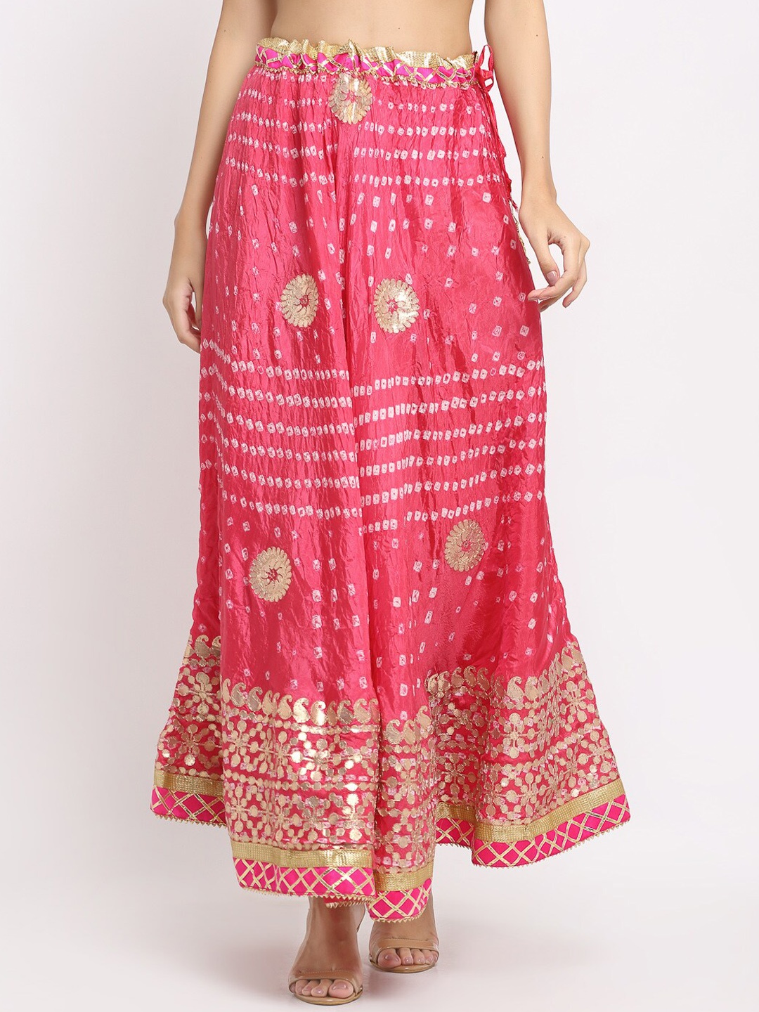 

SOUNDARYA Women Coral Pink & White Bandhej Printed Flared Maxi Skirt