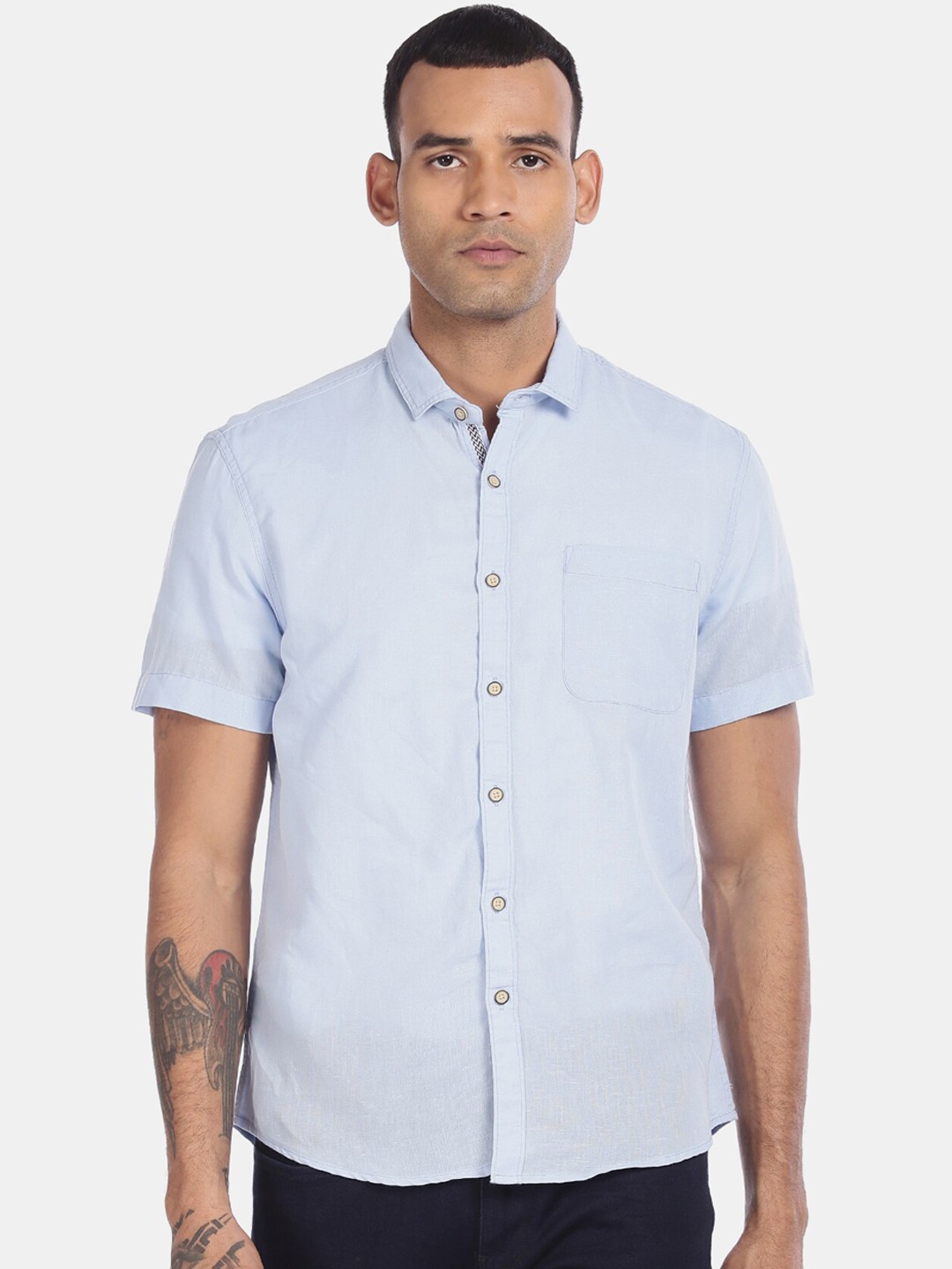 

Cherokee Men Blue Solid Cotton Linen Casual Shirt
