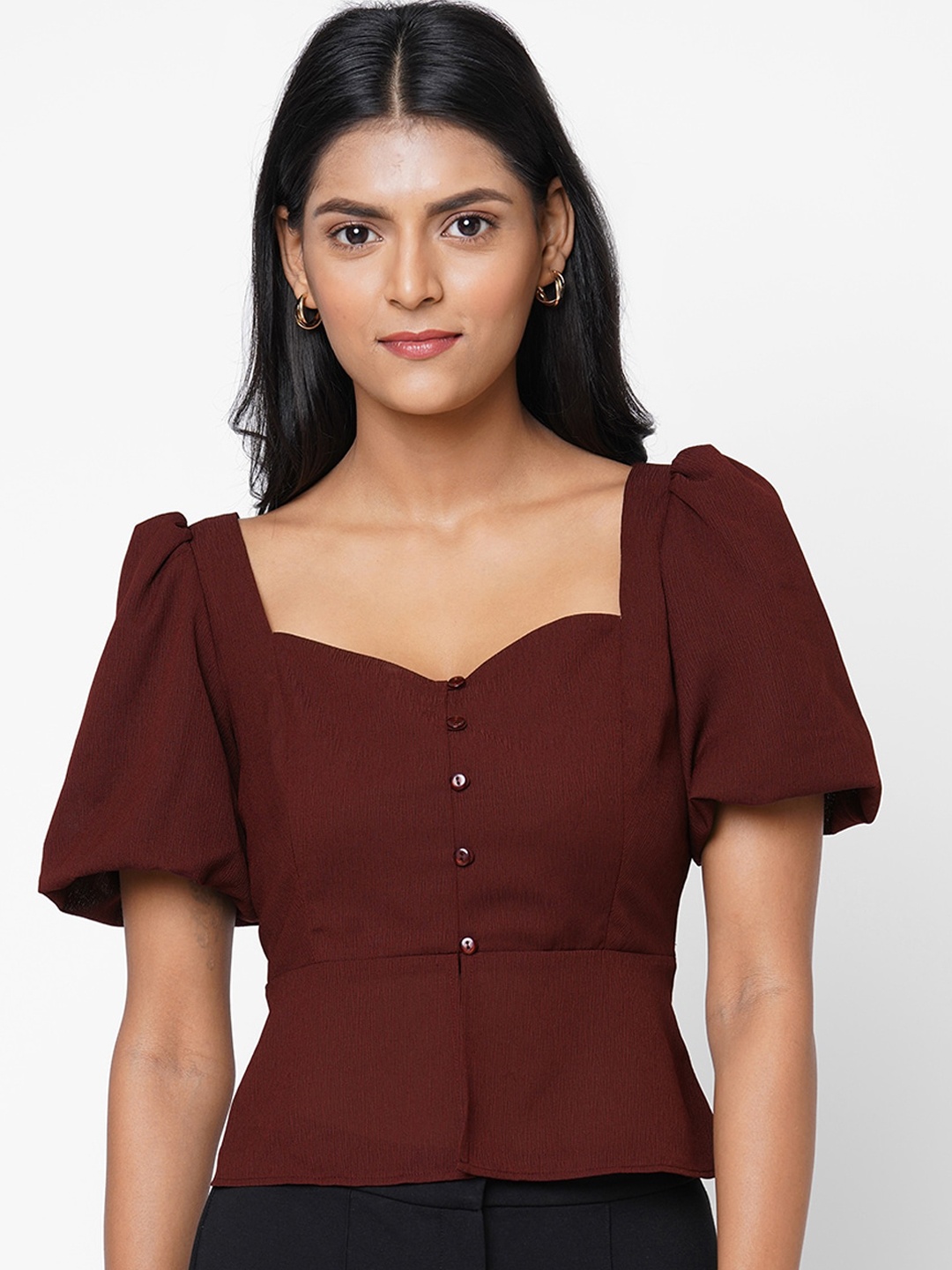 

20Dresses Brown Sweetheart Neck Puff Sleeves Crepe Regular Top
