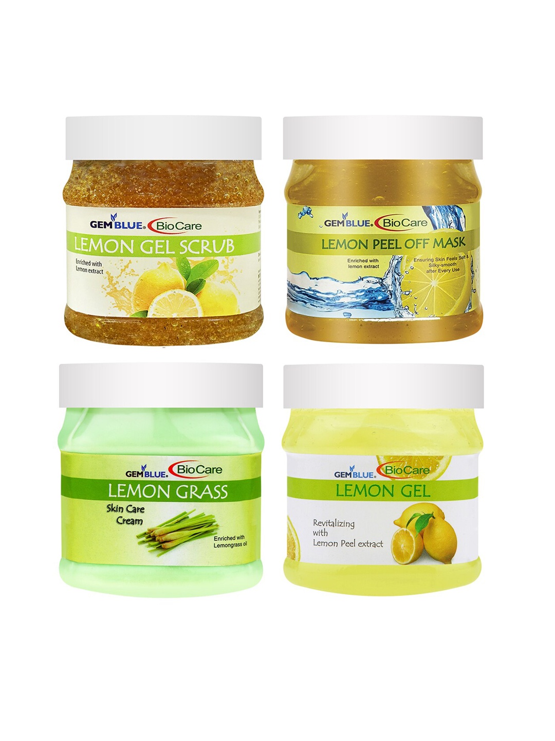 

GEMBLUE BioCare Pack of 4 Lemon Gel Scrub - Peel Off Mask - Cream & Gel - 500 ml each, Yellow