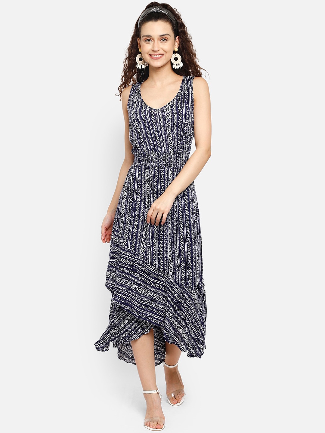 

Aditi Wasan Navy Blue & White Tribal A-Line Midi Dress