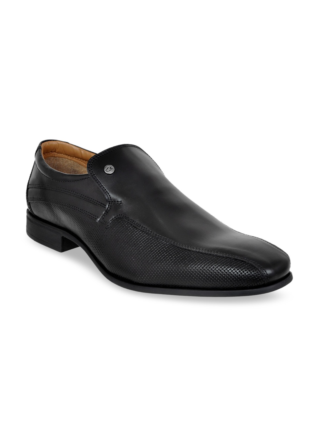 

Allen Cooper Men Black Textured Genuine Leather Formal Slip-Ons