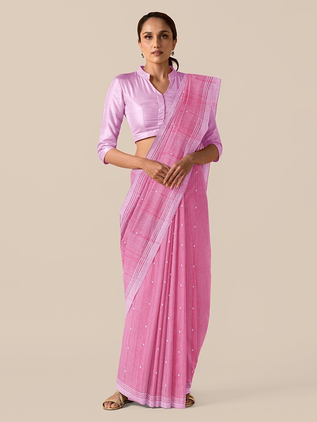 

Taneira Pink & White Silk Cotton Printed Chanderi Saree