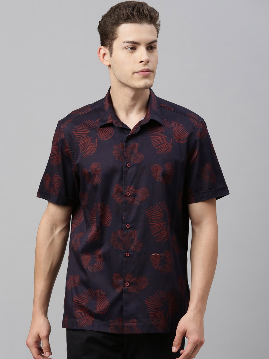 

RARE RABBIT Men Allium Slim Fit Printed Shirt, Navy blue