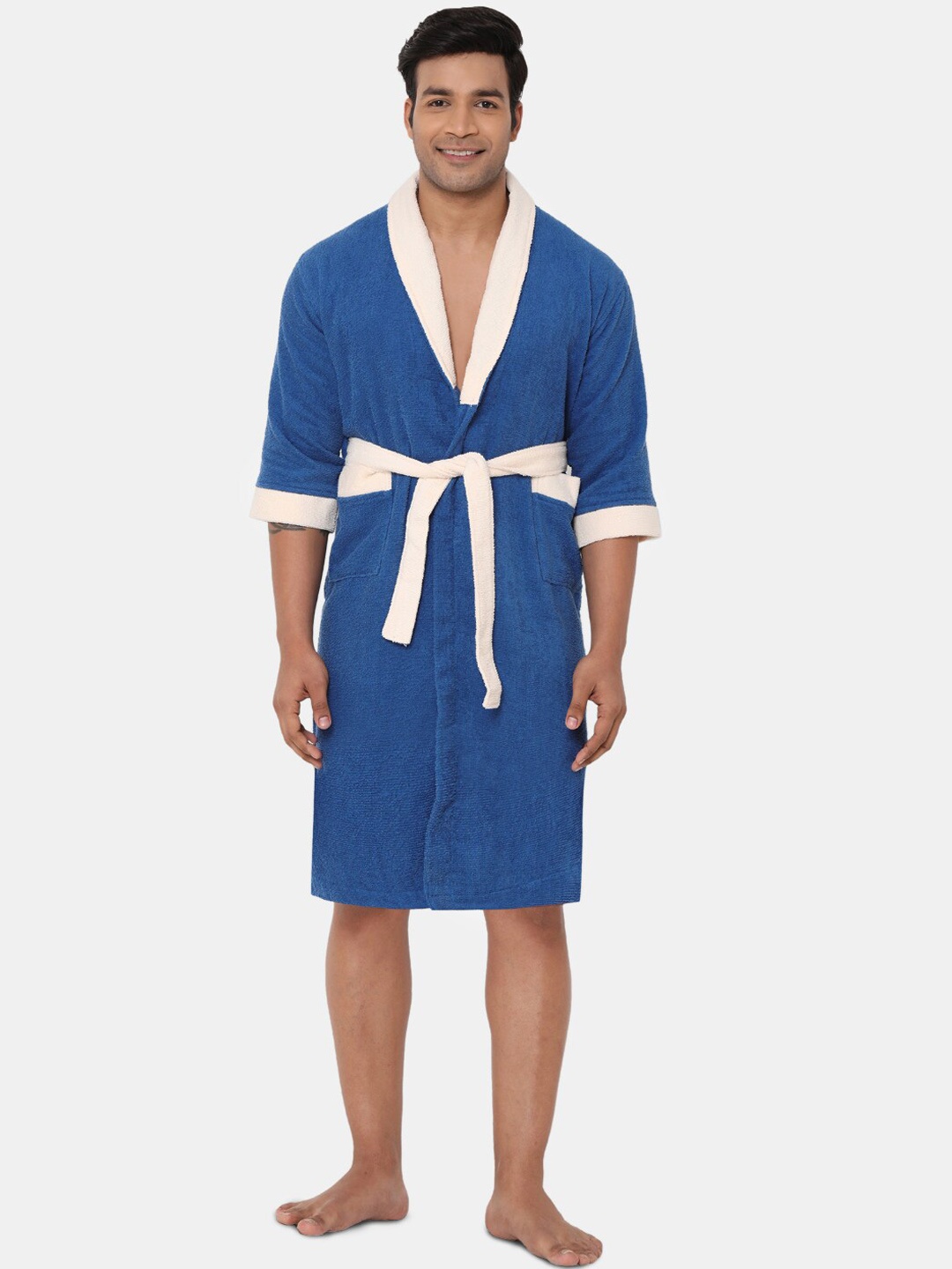 

SPACES Unisex Blue & Cream-Coloured Solid 100% Cotton 300 GSM Bath Robe