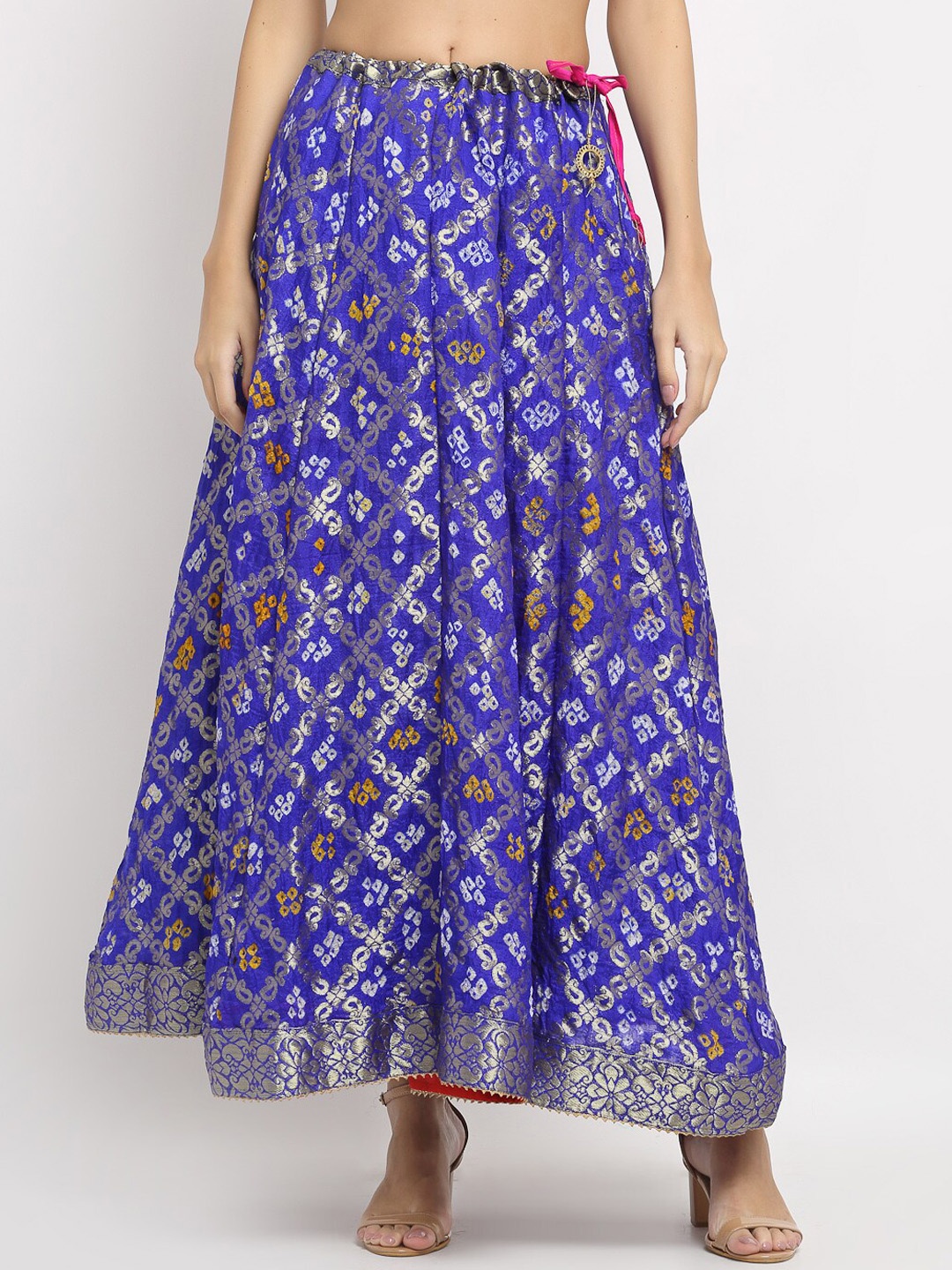 SOUNDARYA Women Blue & Golden Printed & Zari Design Flared Maxi Skirt