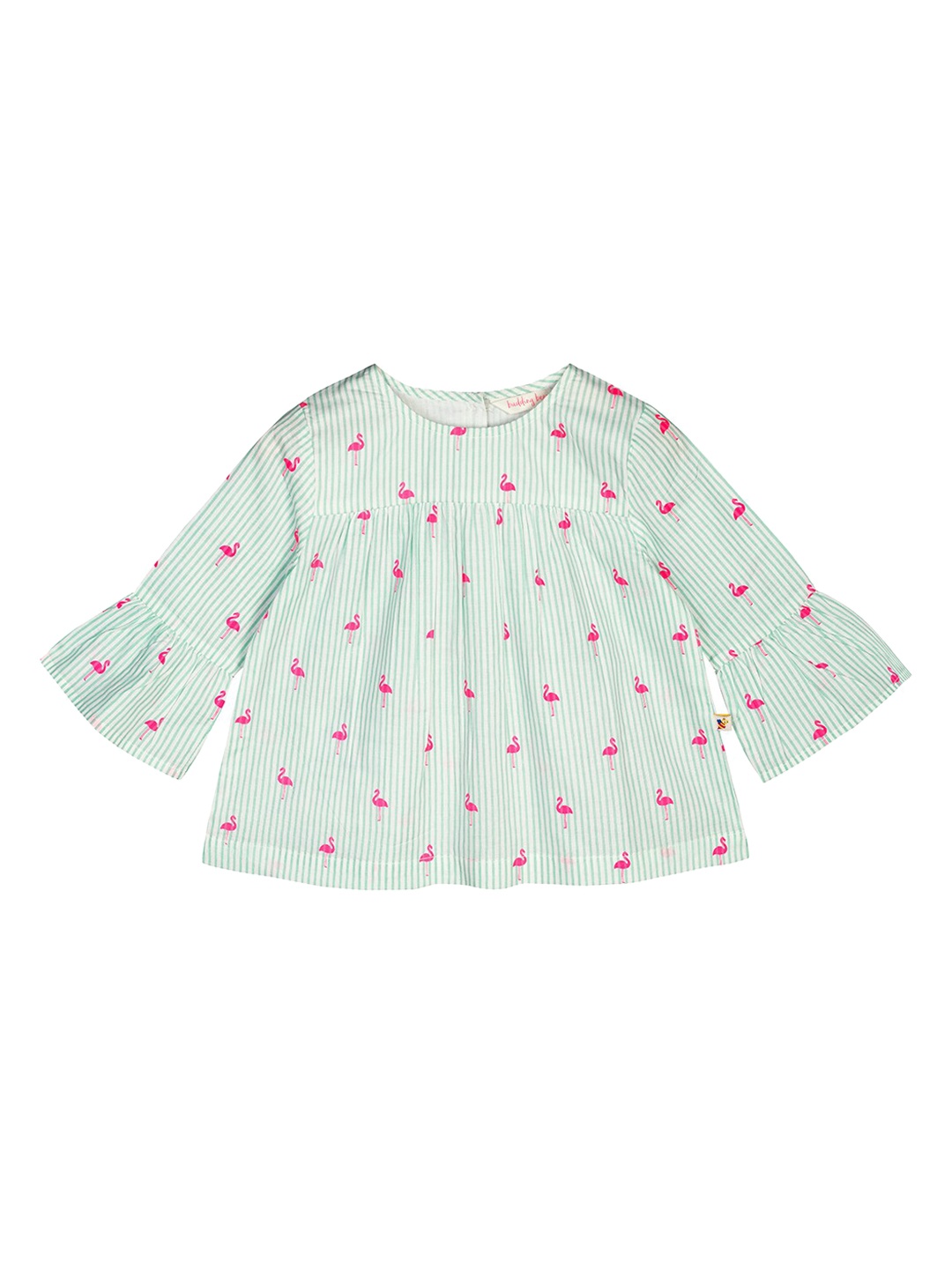

Budding Bees Green Striped Bell Sleeves Pure Cotton A-Line Top