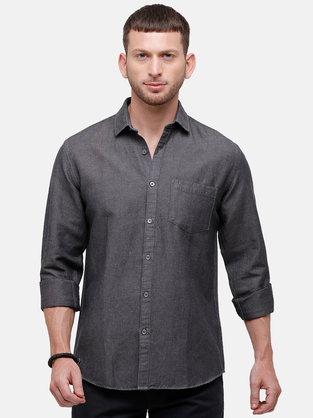 

CAVALLO by Linen Club Men Charcoal Grey Cotton Linen Regular Fit Solid Casual Shirt