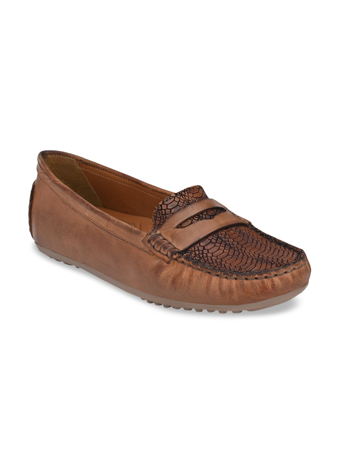

CARLO ROMANO Women Tan-Coloured Woven Design Leather Loafers Casual Shoes