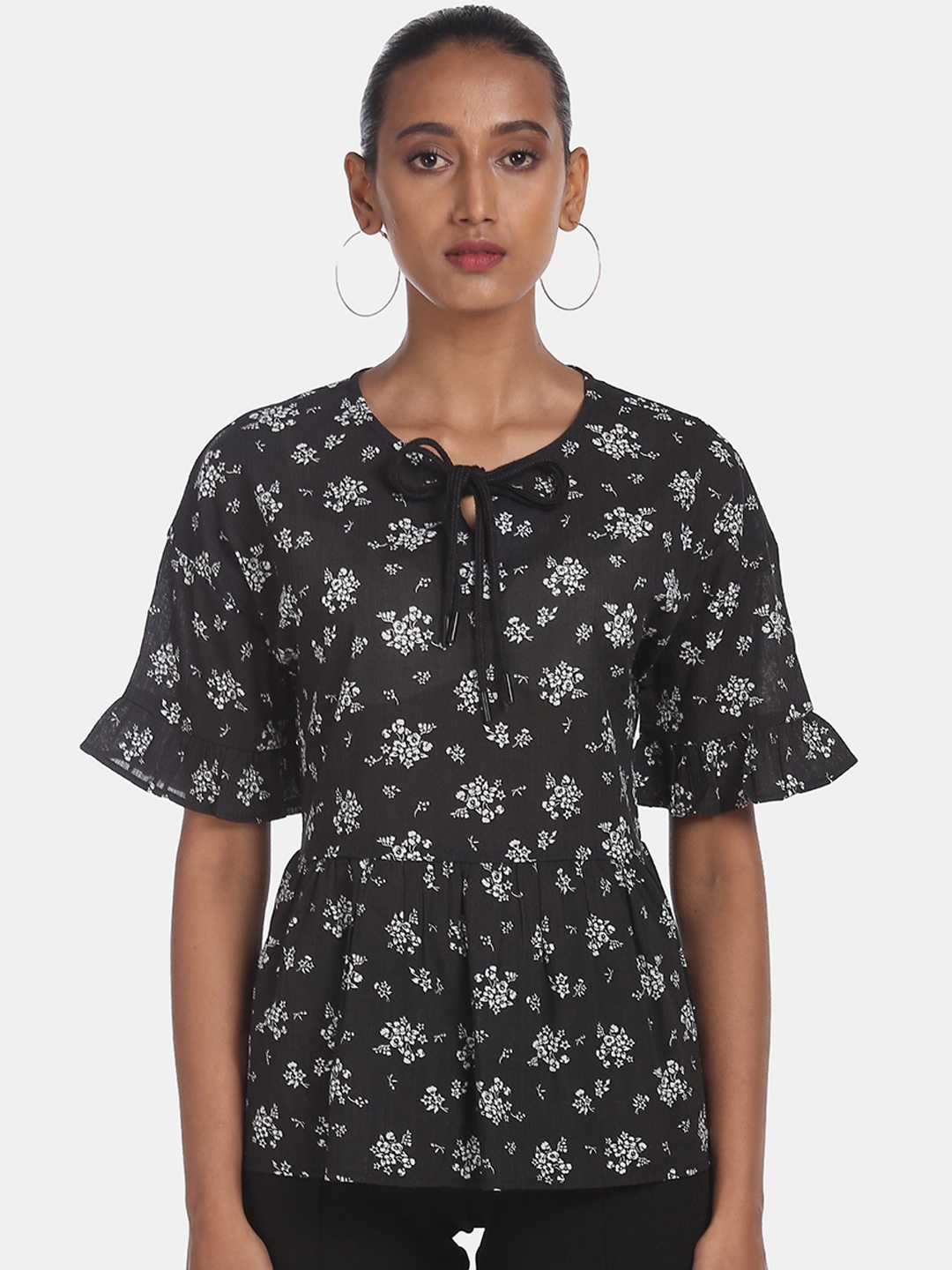 

Cherokee Black Floral Printed Bell Sleeves Regular Top