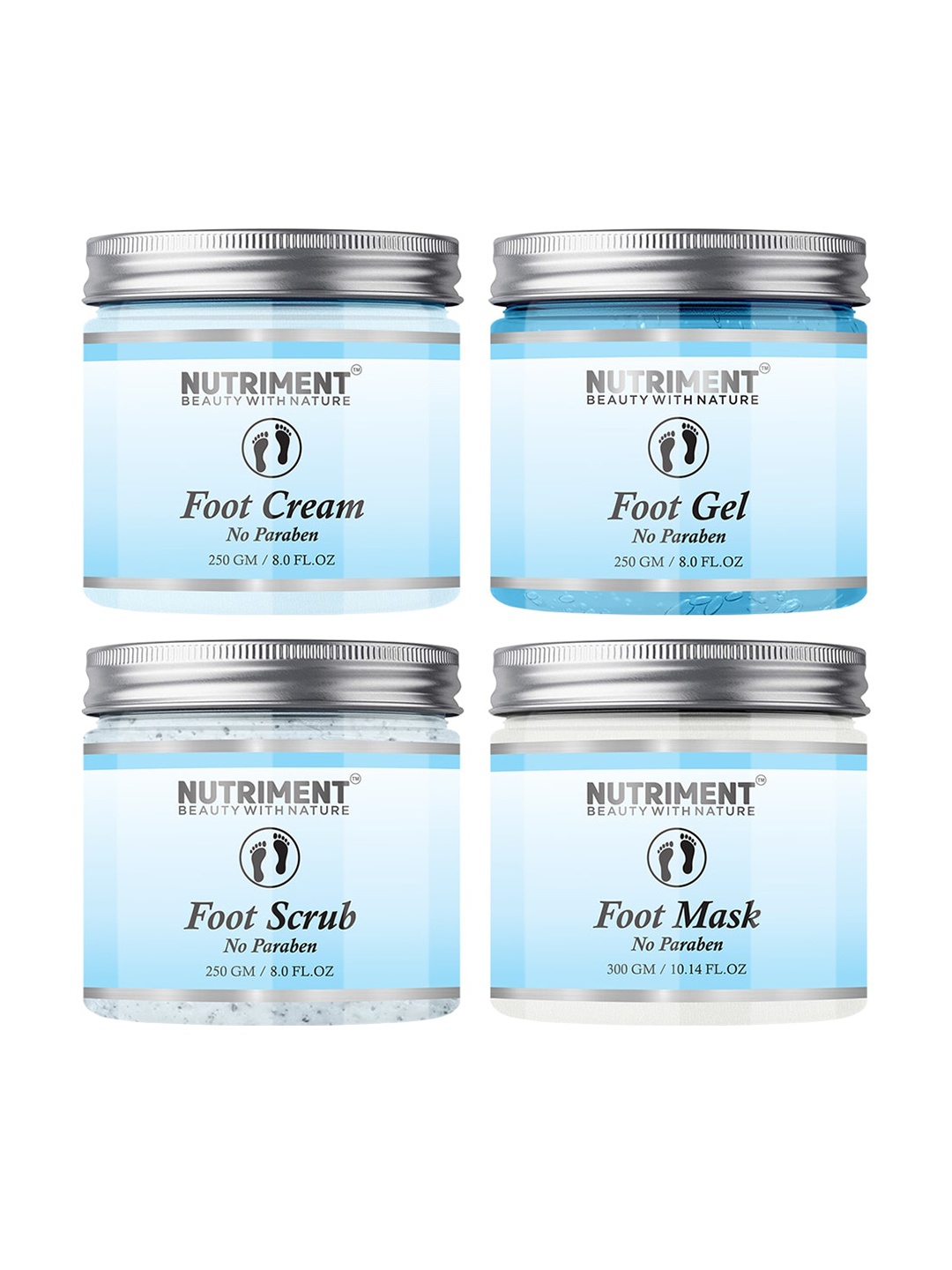 

Nutriment Pack of 4 Foot Scrub - Gel - Cream & Mask - 1050 g, Transparent