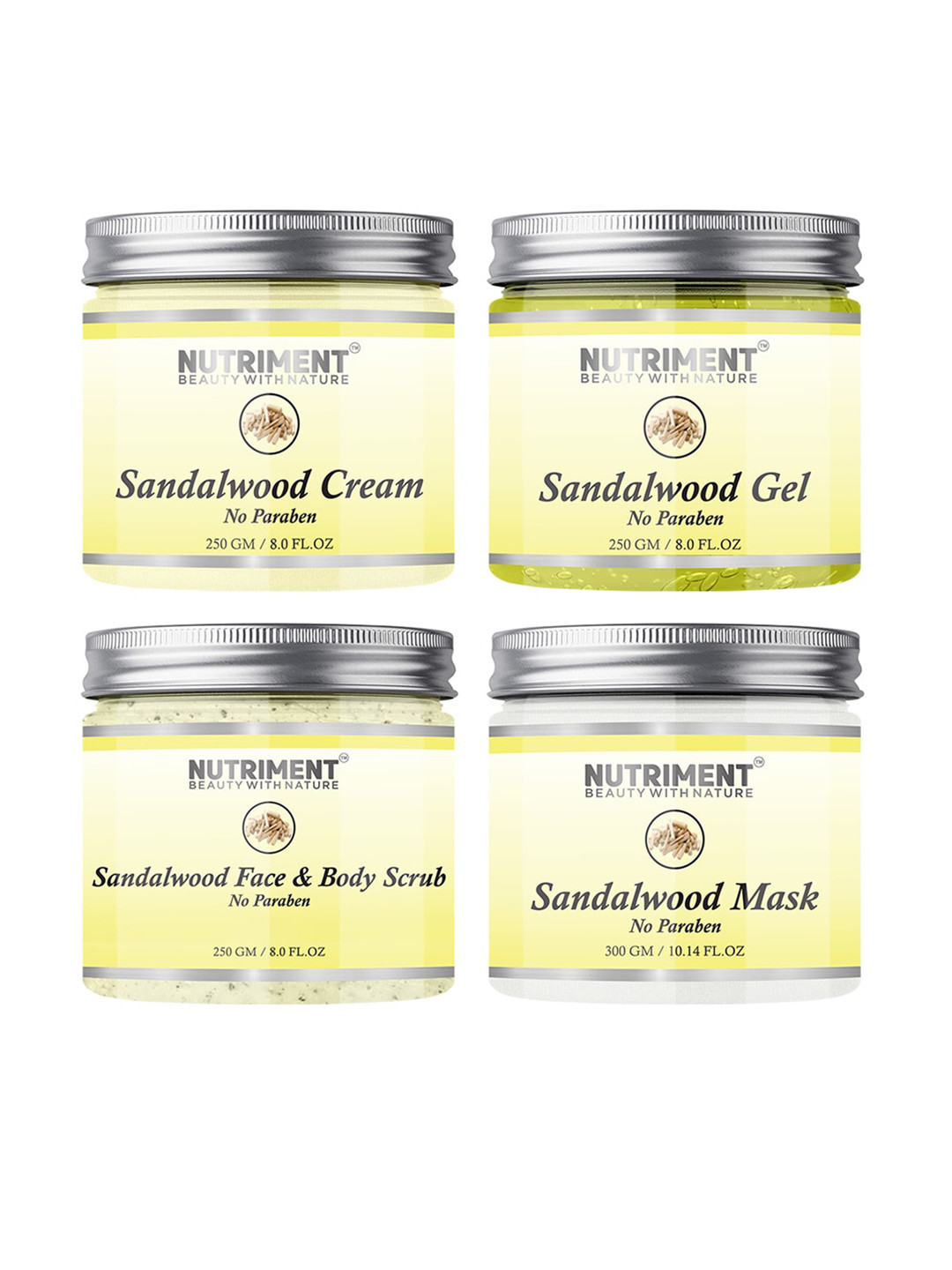 

Nutriment Sandalwood Scrub, Gel, Cream 250gm & Mask 300gm (Combo of 4), Transparent