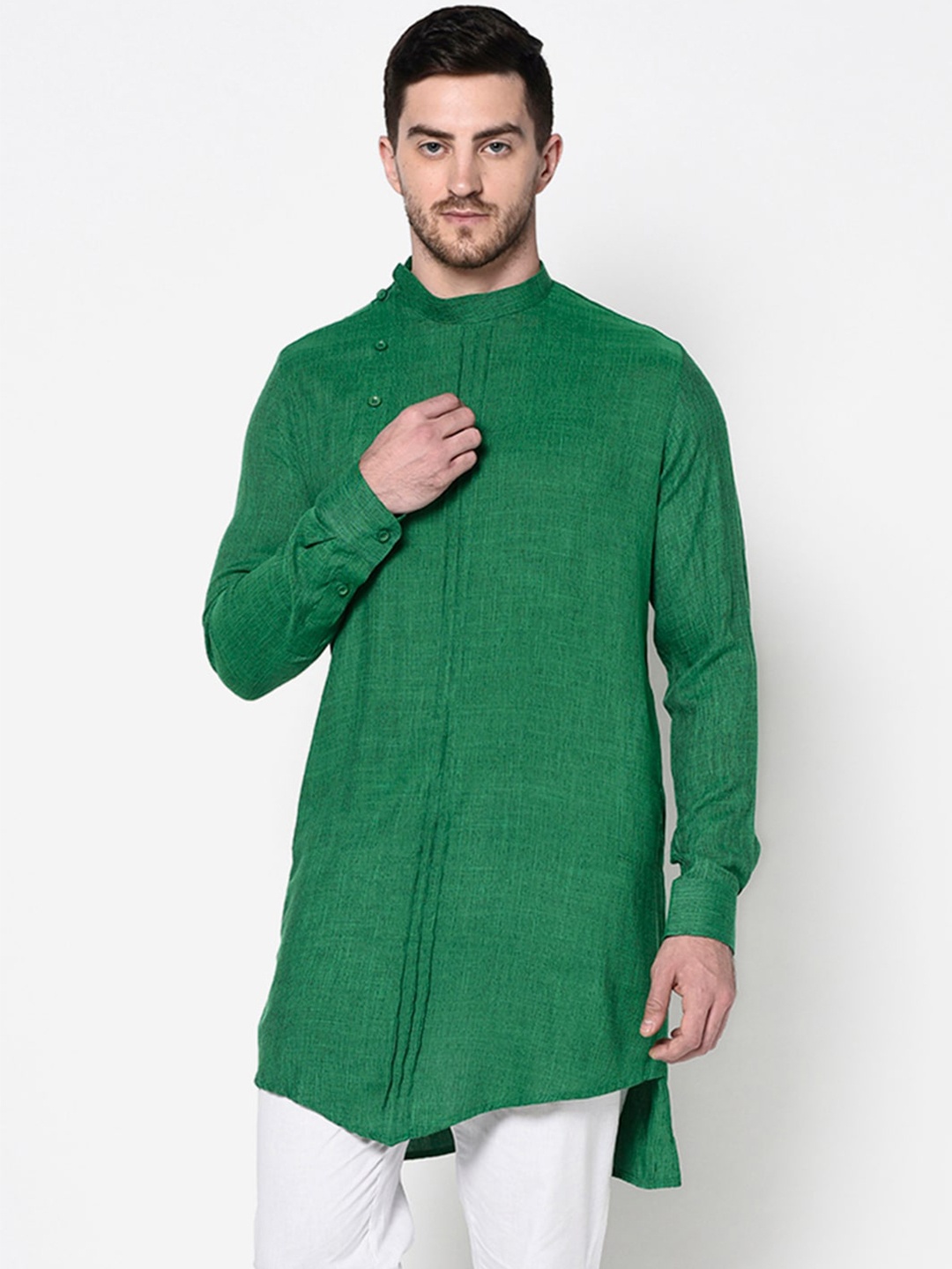 

DEYANN Men Green Solid Asymmetric Angrakha Kurta