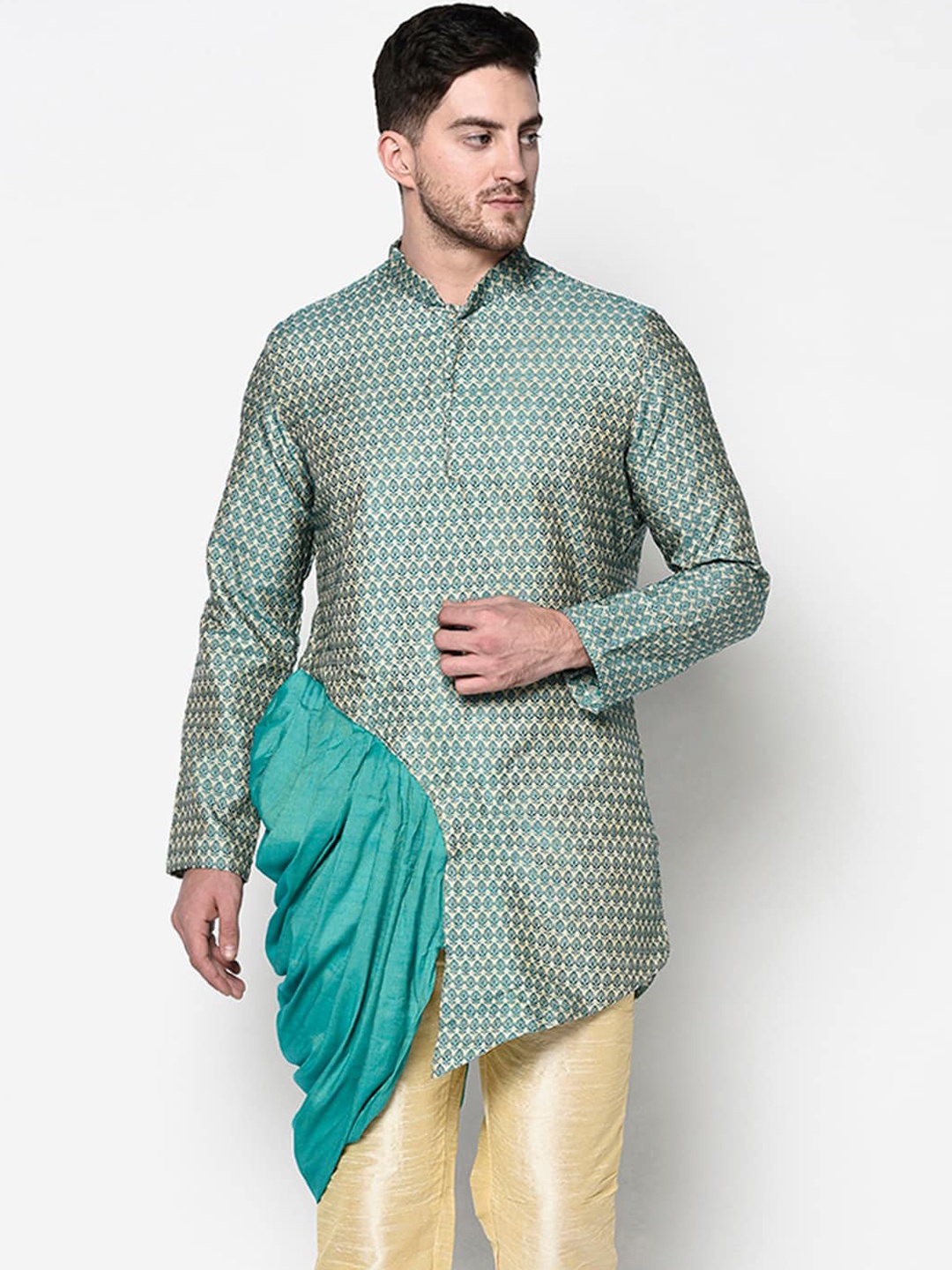 

DEYANN Men Blue & Beige Jacquard Silk Kurta