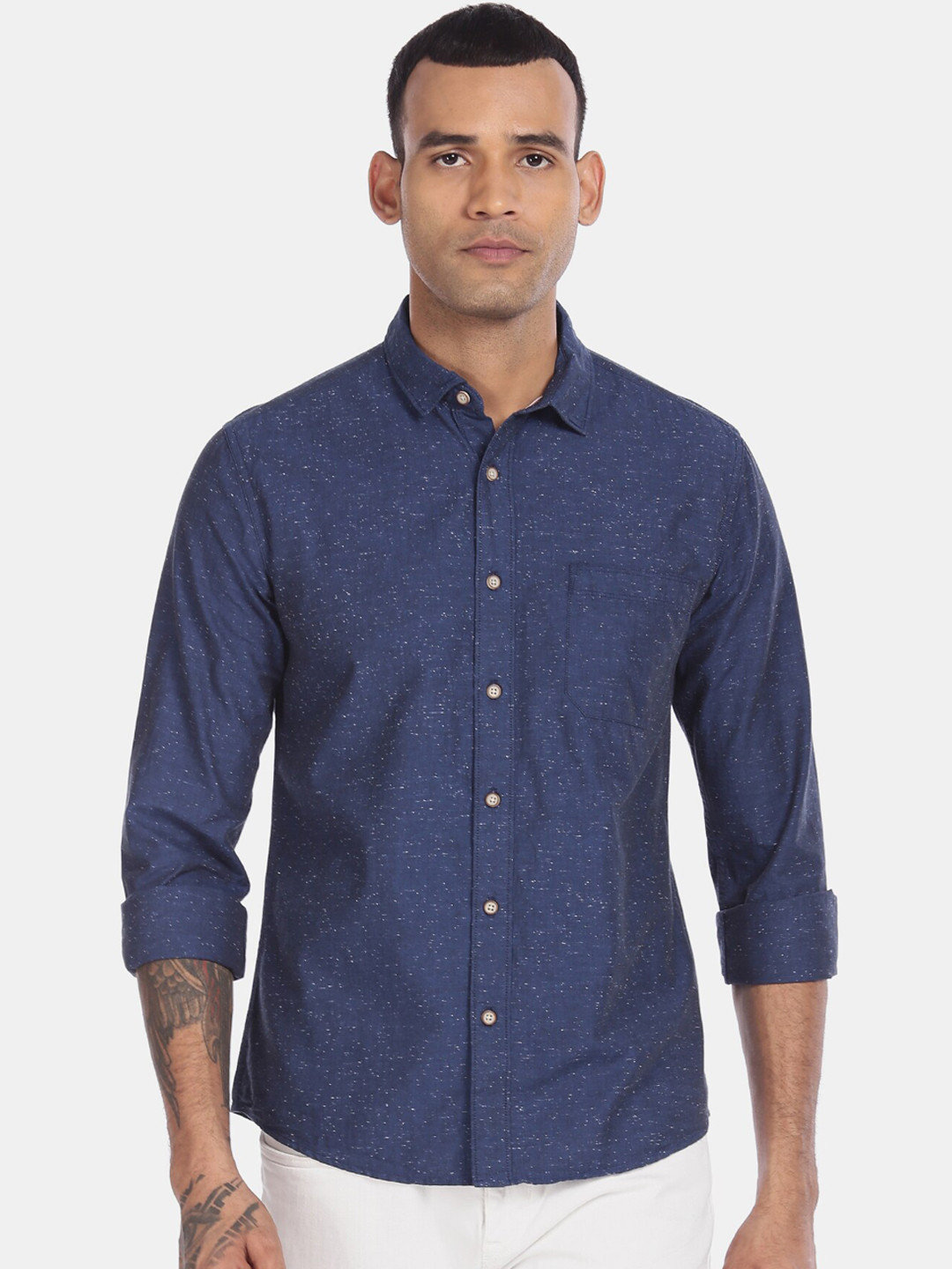 

Cherokee Men Navy Blue Solid Pure Cotton Regular Fit Shirt with Grindle Effect