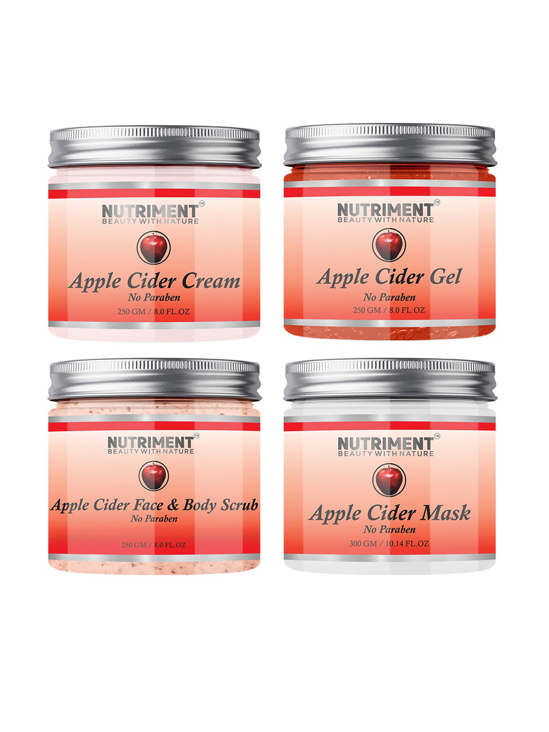 

Nutriment Apple cidar Scrub, Gel, Cream 250gm & Mask 300gm (Combo of 4), Transparent